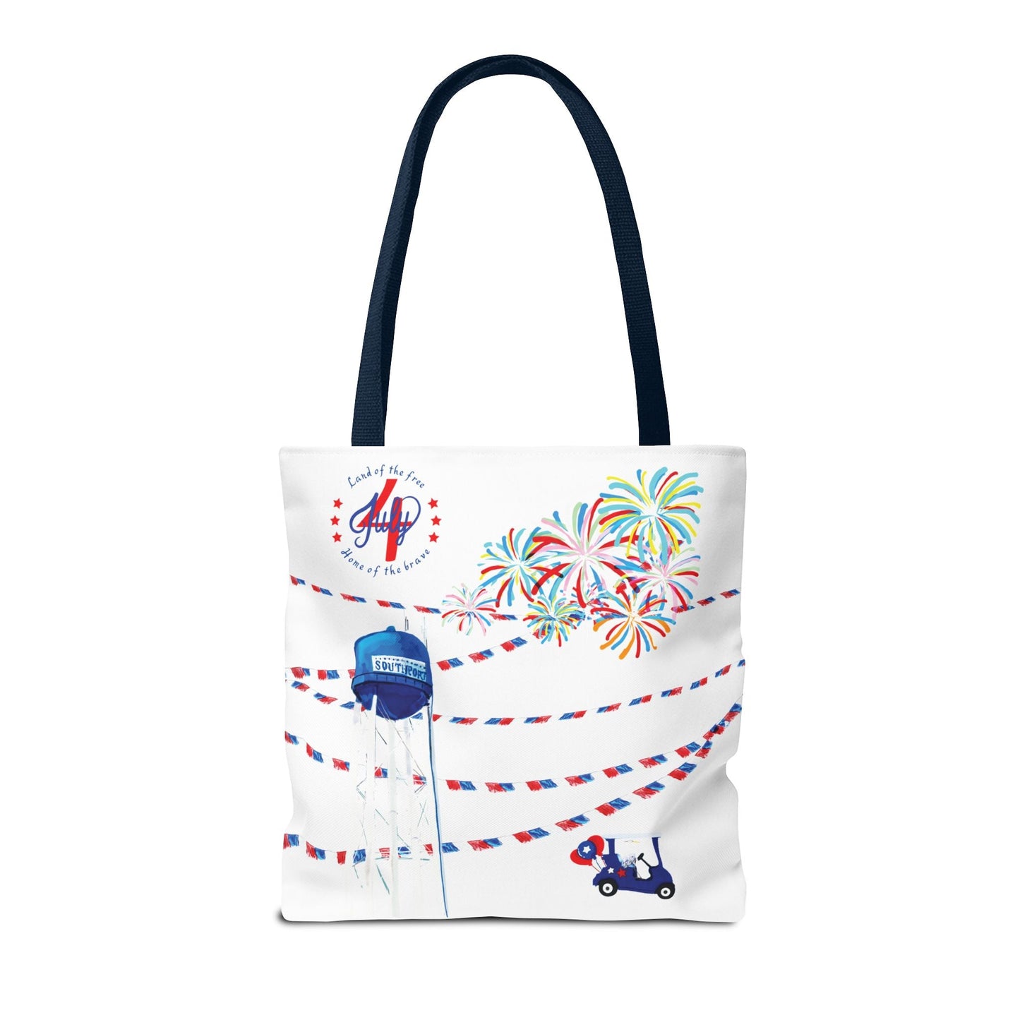 Southport NC July 4th Celebrations Tote Bag With Colored Handles - Blue Cava