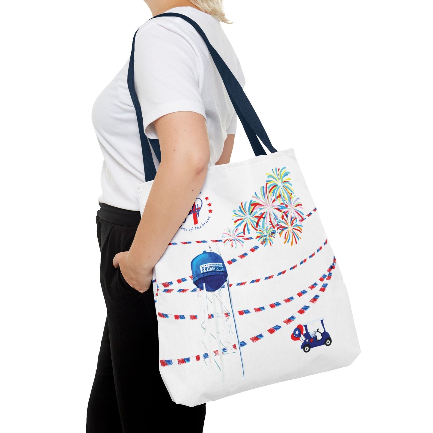 Southport NC July 4th Celebrations Tote Bag With Colored Handles - Blue Cava