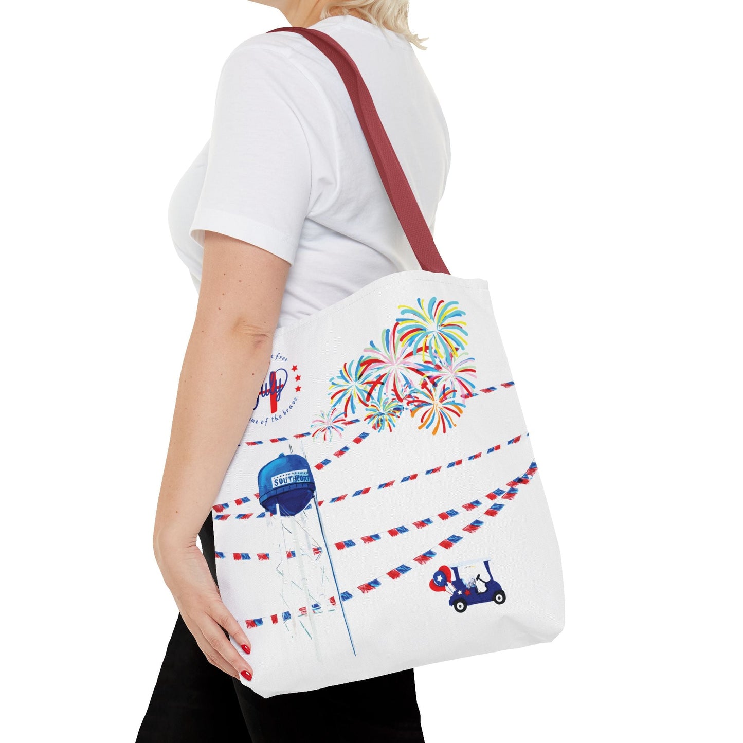 Southport NC July 4th Celebrations Tote Bag With Colored Handles - Blue Cava