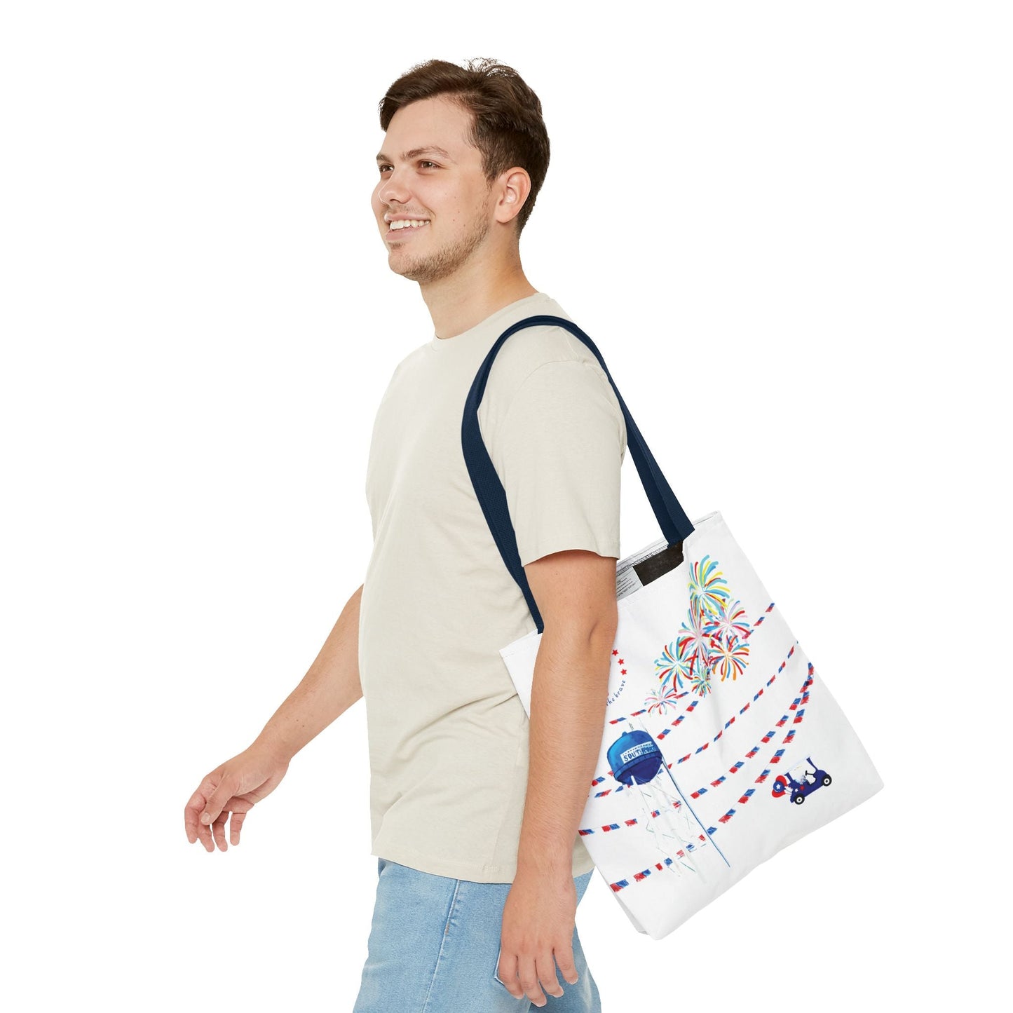 Southport NC July 4th Celebrations Tote Bag With Colored Handles - Blue Cava