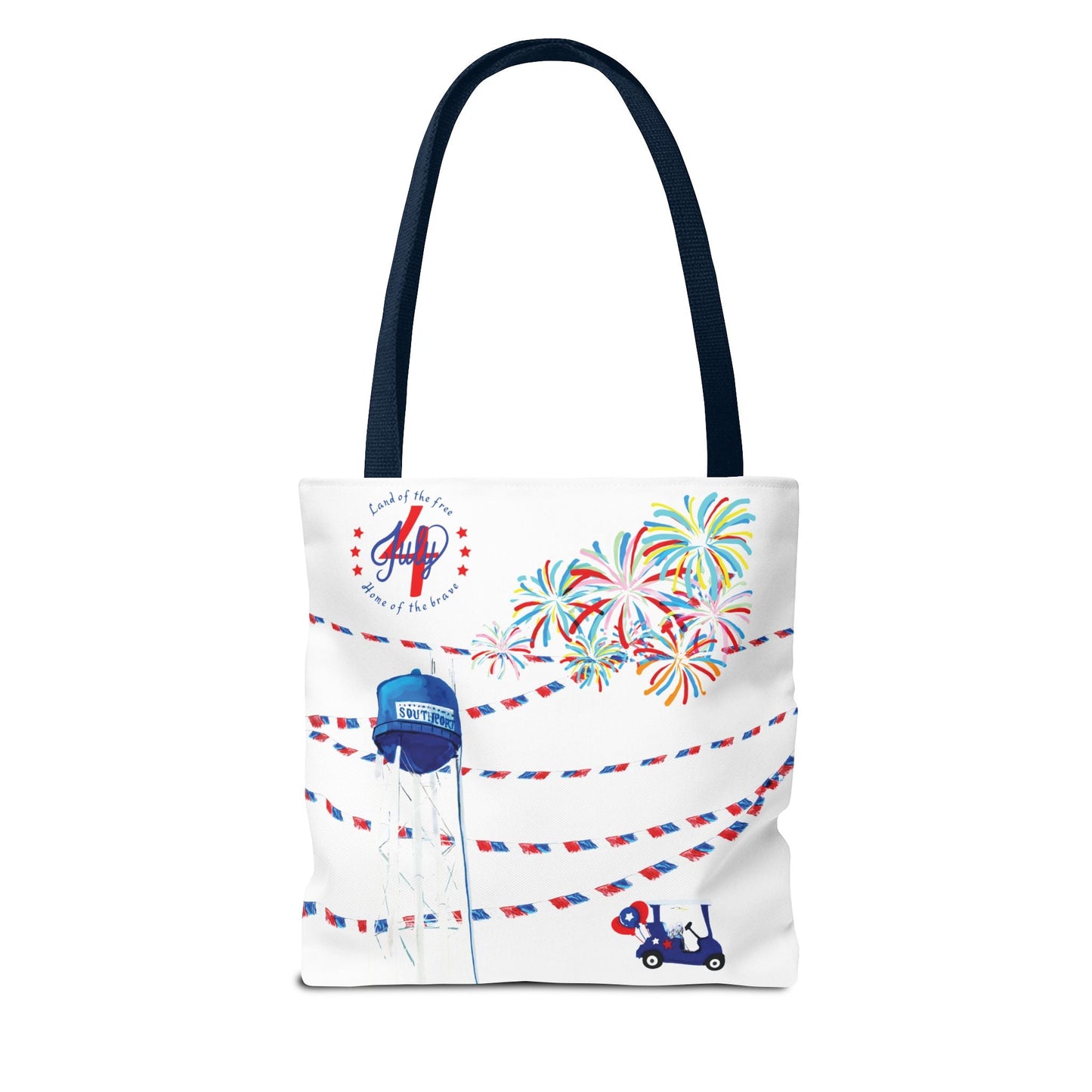 Southport NC July 4th Celebrations Tote Bag With Colored Handles - Blue Cava