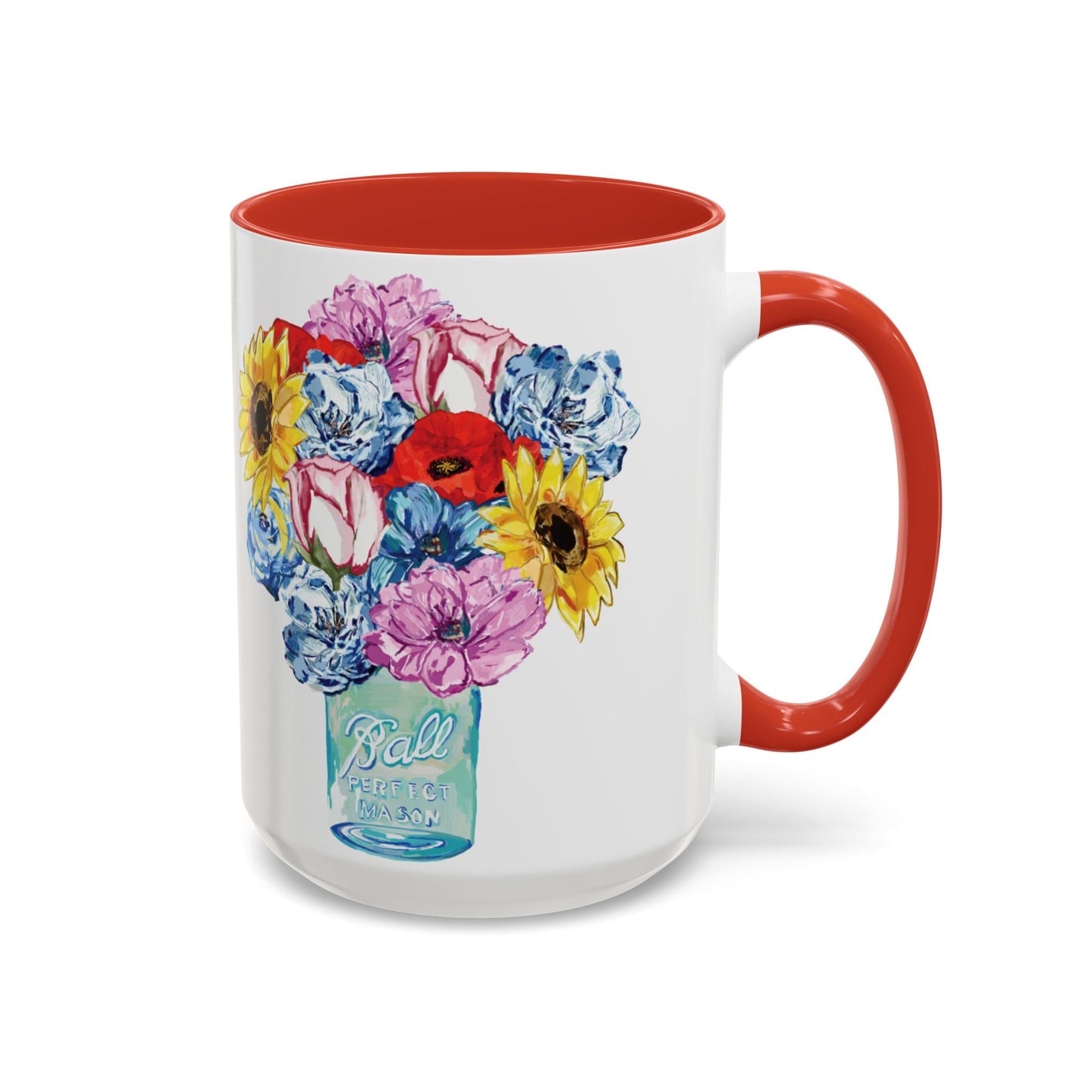 Spring Floral Mason Jar Two Tone Ceramic Mug - 11 oz & 15 oz - Blue Cava
