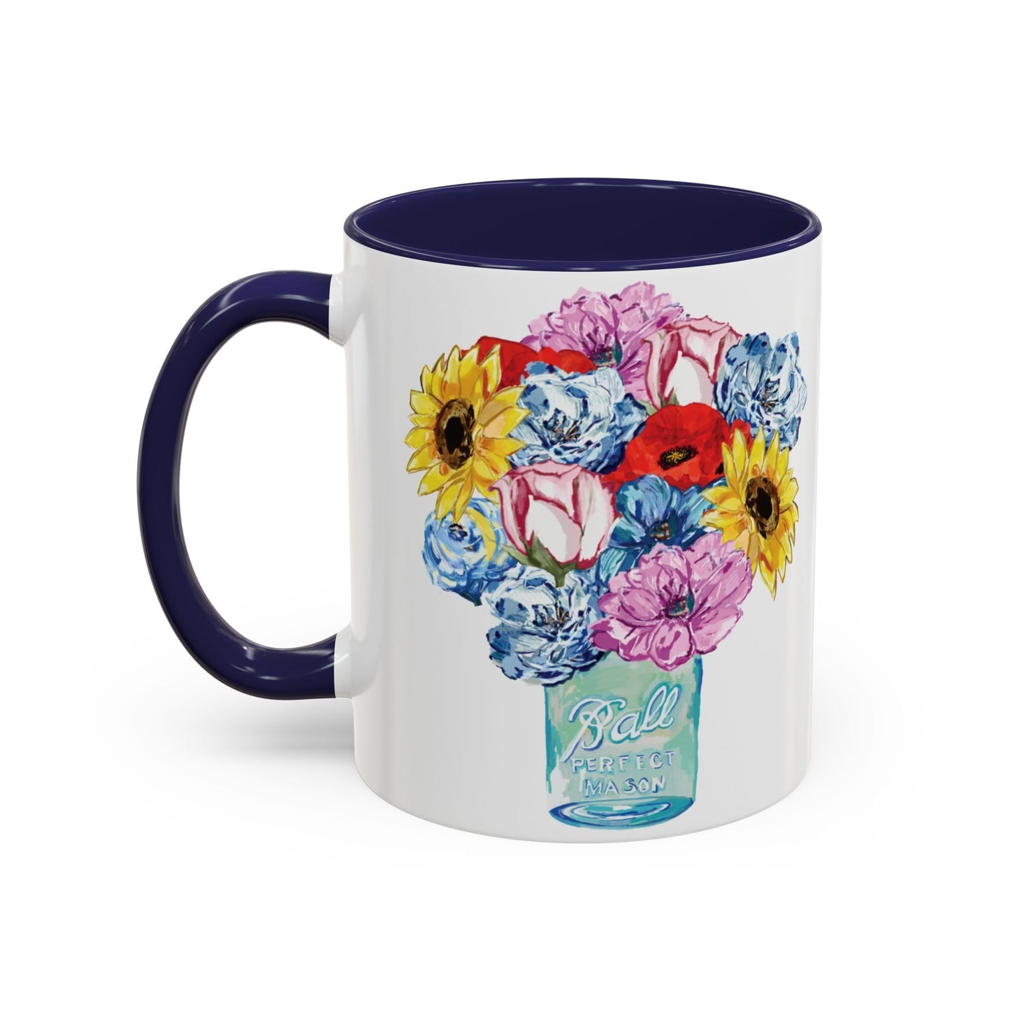 Spring Floral Mason Jar Two Tone Ceramic Mug - 11 oz & 15 oz - Blue Cava