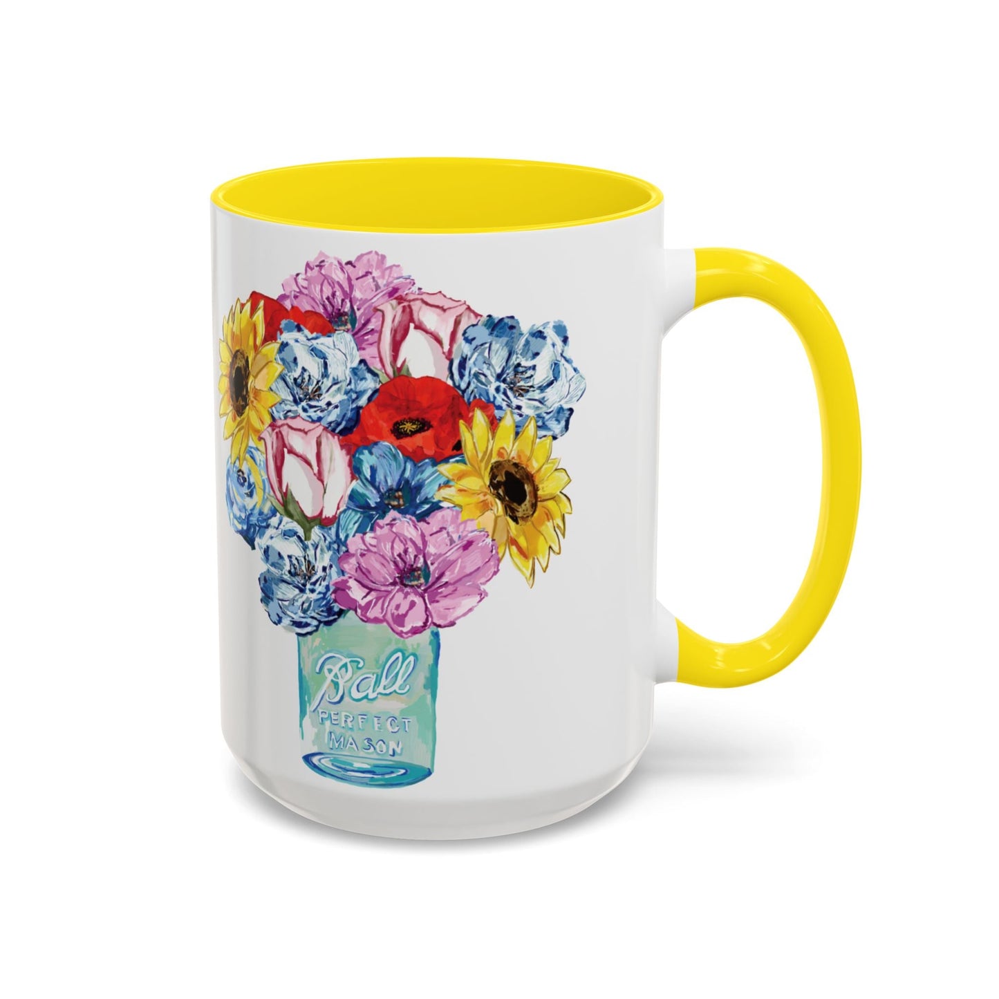 Spring Floral Mason Jar Two Tone Ceramic Mug - 11 oz & 15 oz - Blue Cava