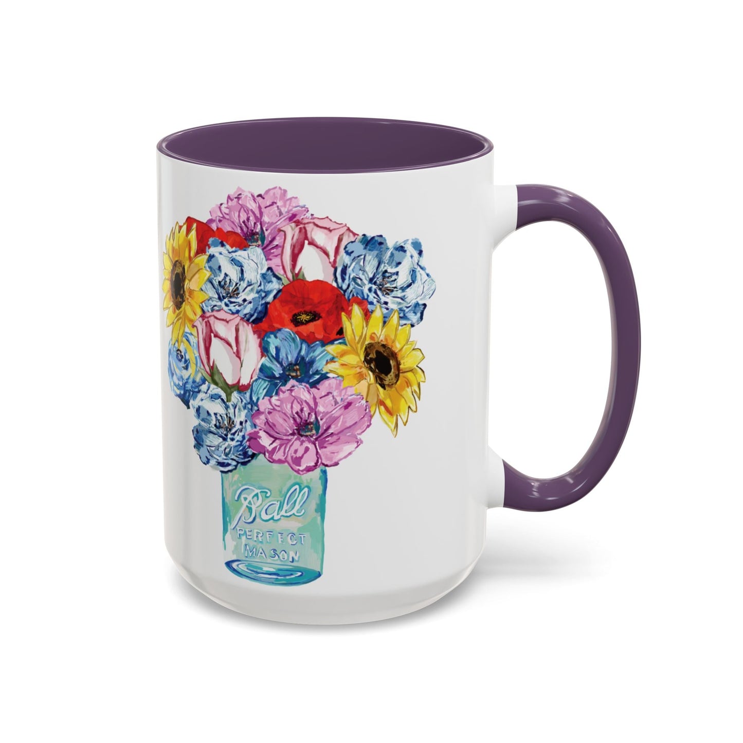 Spring Floral Mason Jar Two Tone Ceramic Mug - 11 oz & 15 oz - Blue Cava