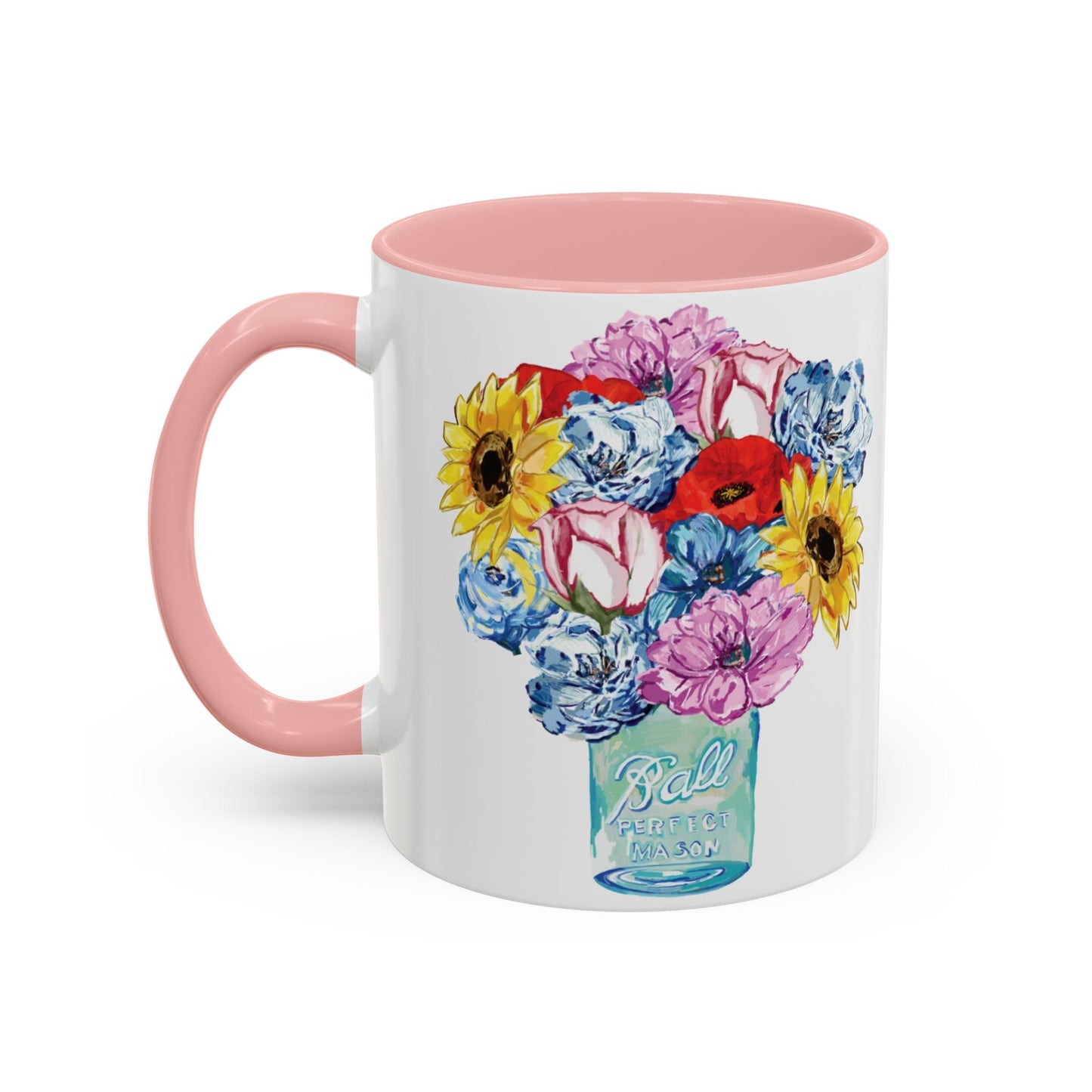 Spring Floral Mason Jar Two Tone Ceramic Mug - 11 oz & 15 oz - Blue Cava