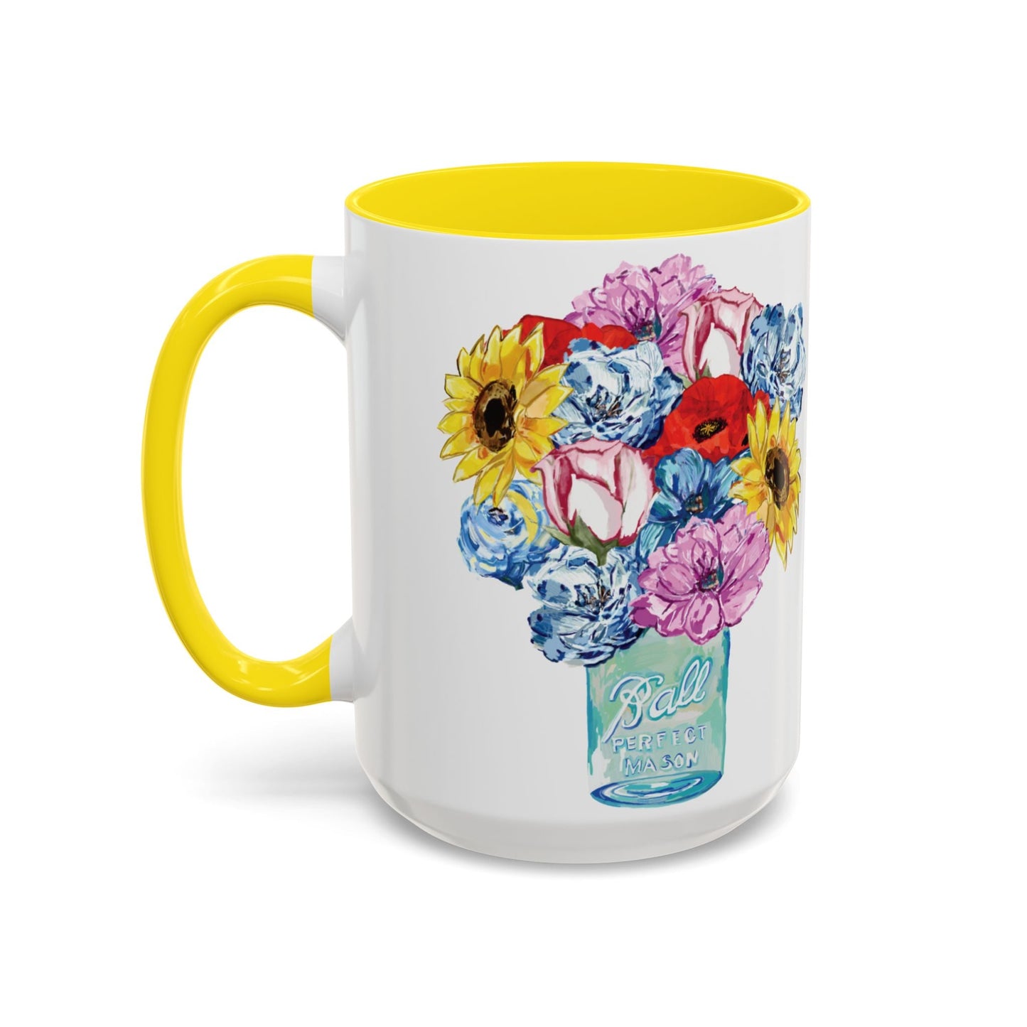 Spring Floral Mason Jar Two Tone Ceramic Mug - 11 oz & 15 oz - Blue Cava