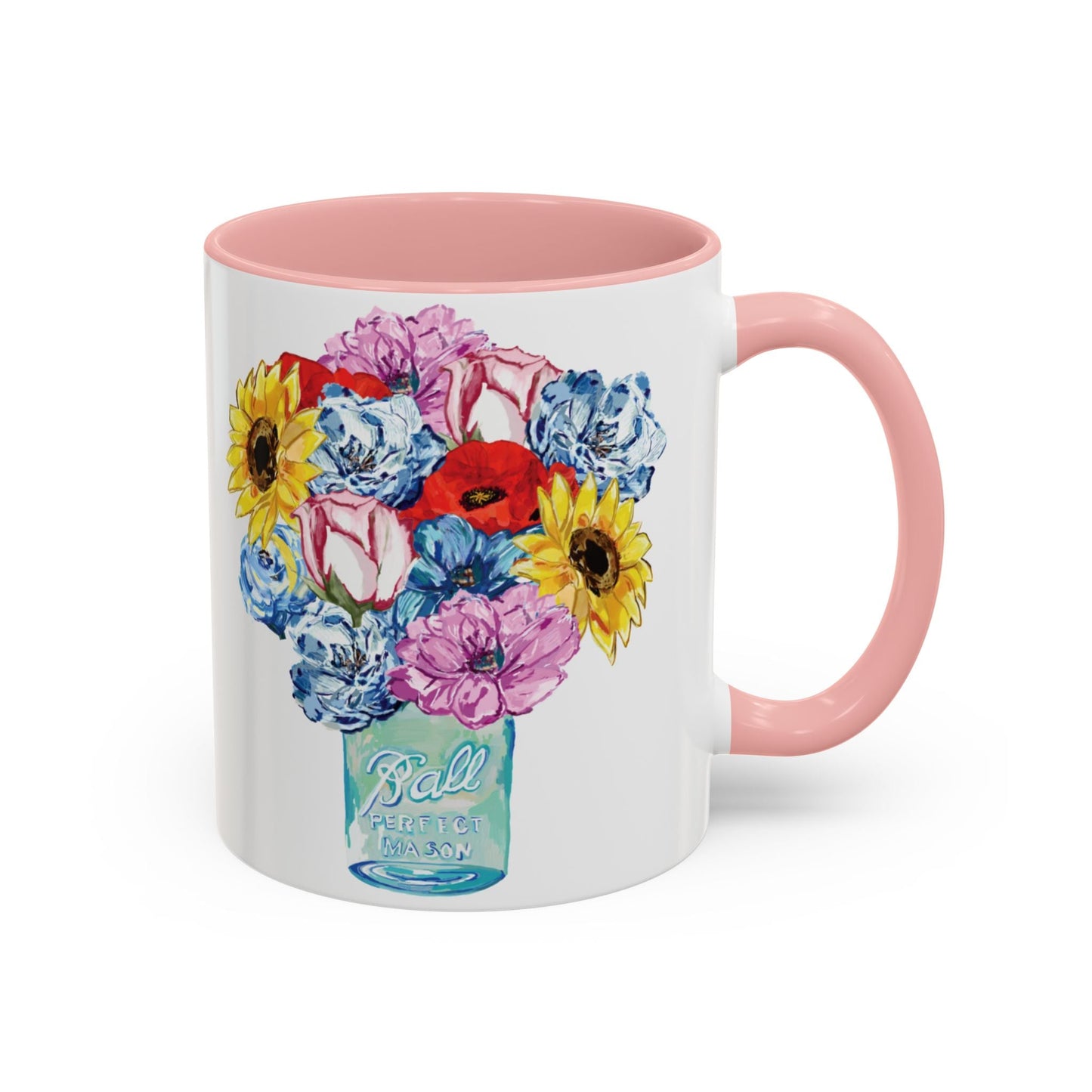 Spring Floral Mason Jar Two Tone Ceramic Mug - 11 oz & 15 oz - Blue Cava