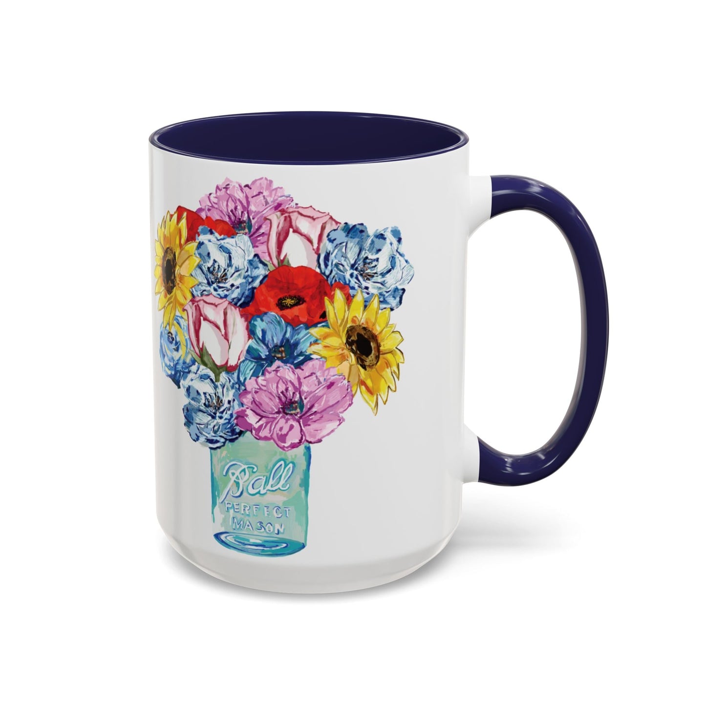 Spring Floral Mason Jar Two Tone Ceramic Mug - 11 oz & 15 oz - Blue Cava