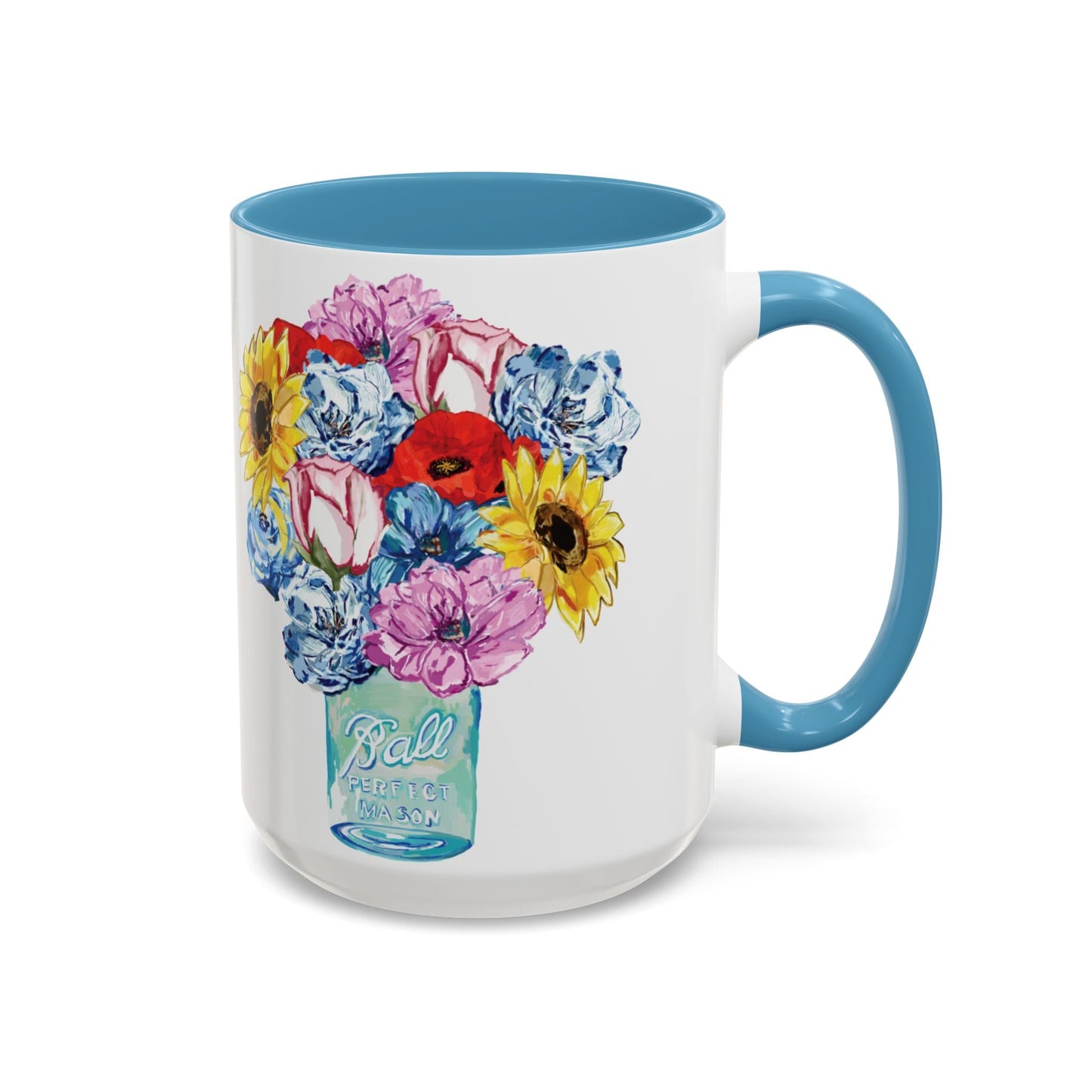 Spring Floral Mason Jar Two Tone Ceramic Mug - 11 oz & 15 oz - Blue Cava