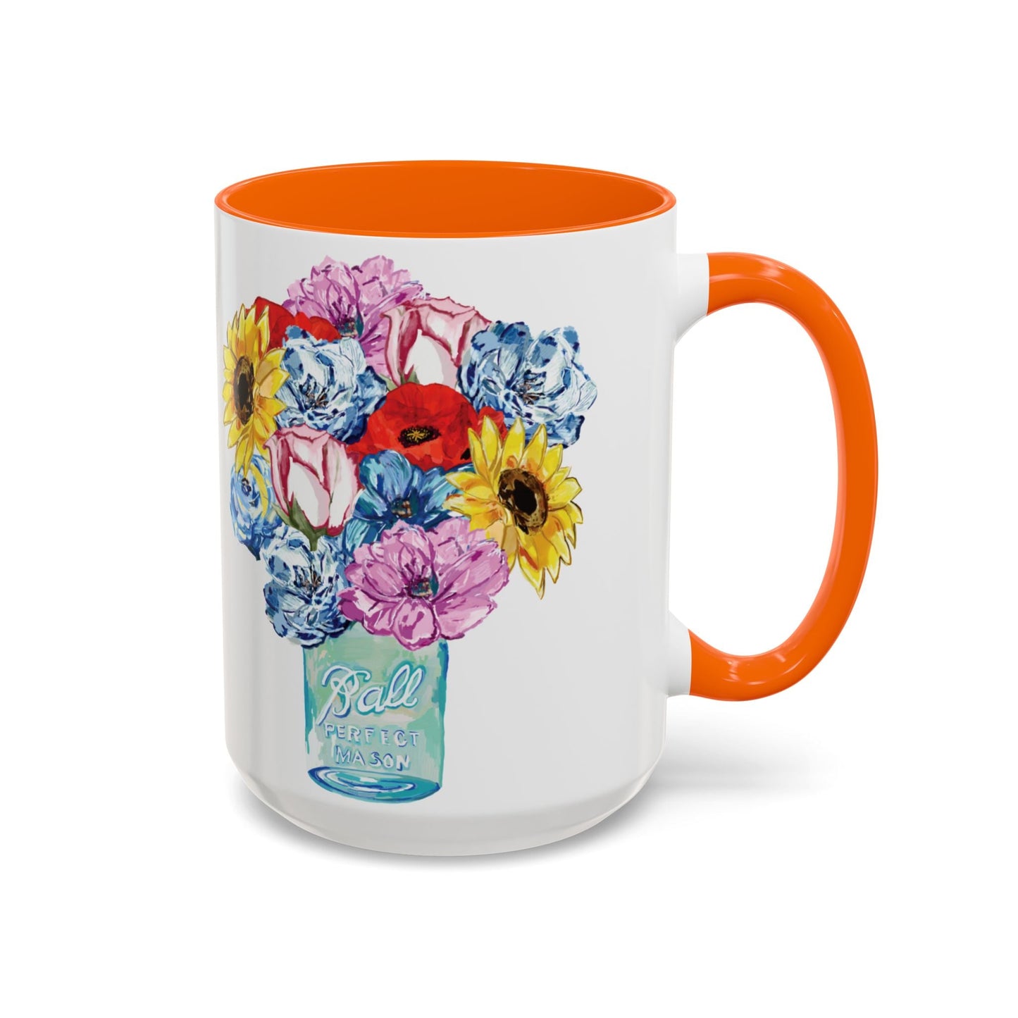 Spring Floral Mason Jar Two Tone Ceramic Mug - 11 oz & 15 oz - Blue Cava