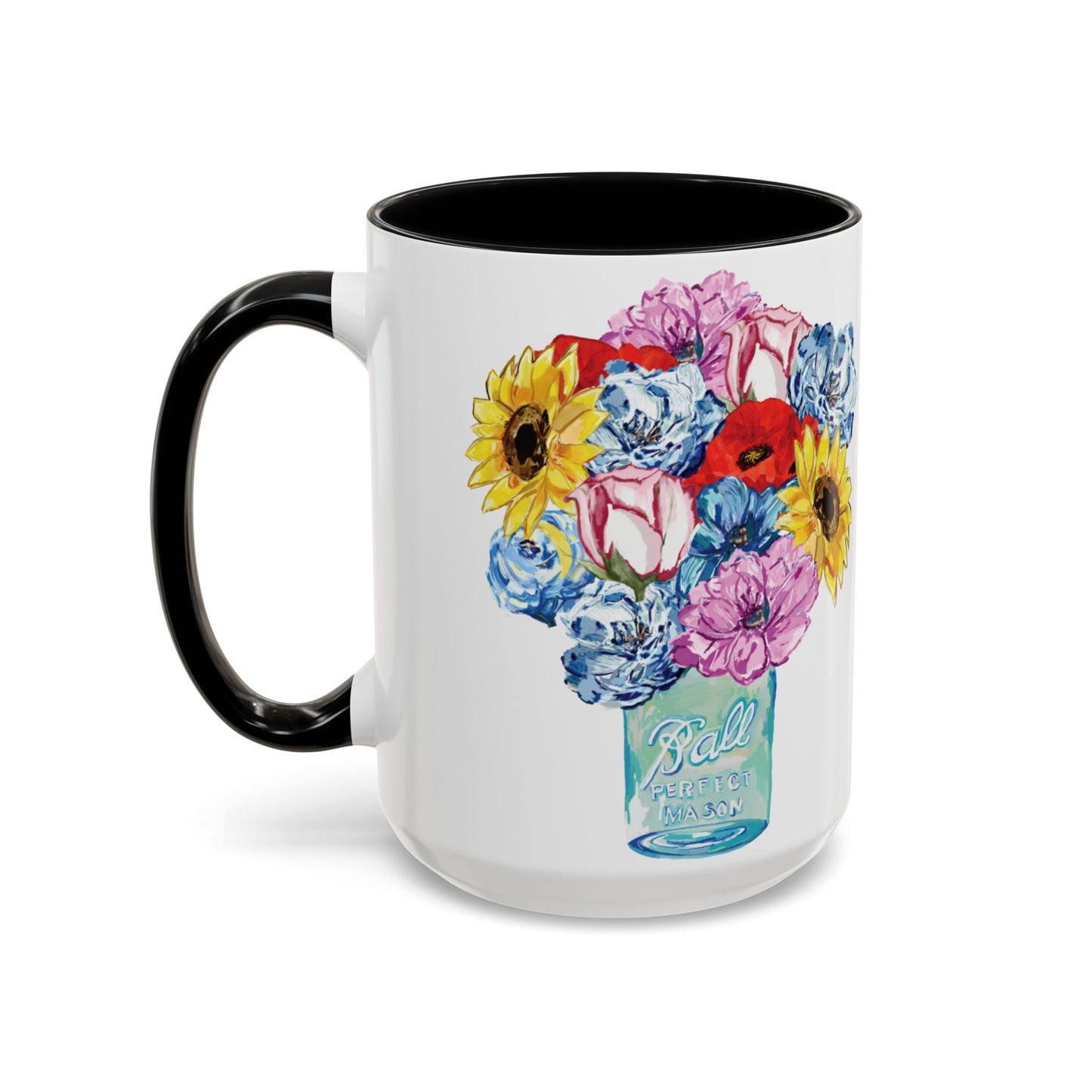 Spring Floral Mason Jar Two Tone Ceramic Mug - 11 oz & 15 oz - Blue Cava