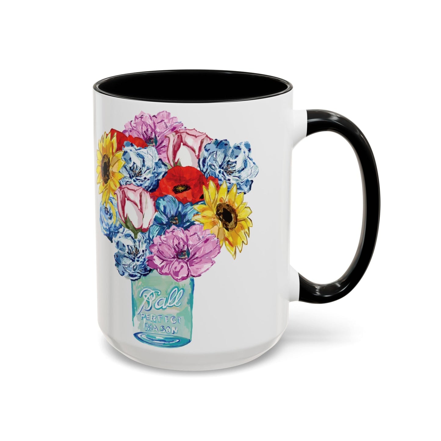 Spring Floral Mason Jar Two Tone Ceramic Mug - 11 oz & 15 oz - Blue Cava