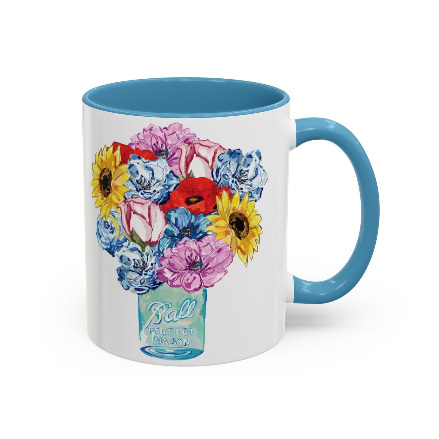 Spring Floral Mason Jar Two Tone Ceramic Mug - 11 oz & 15 oz - Blue Cava