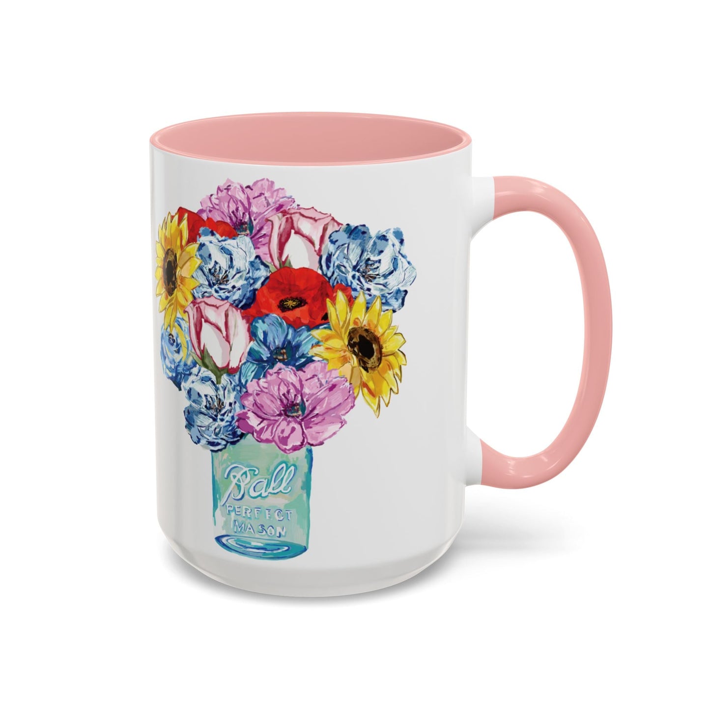 Spring Floral Mason Jar Two Tone Ceramic Mug - 11 oz & 15 oz - Blue Cava