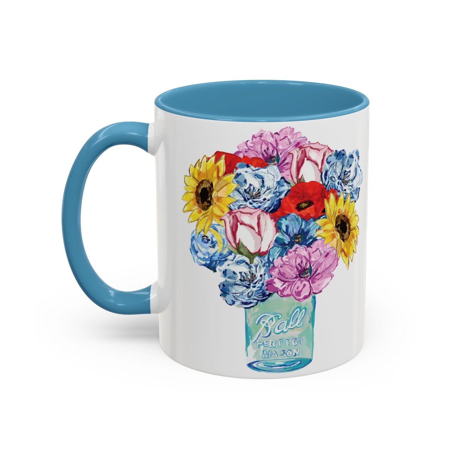 Spring Floral Mason Jar Two Tone Ceramic Mug - 11 oz & 15 oz - Blue Cava