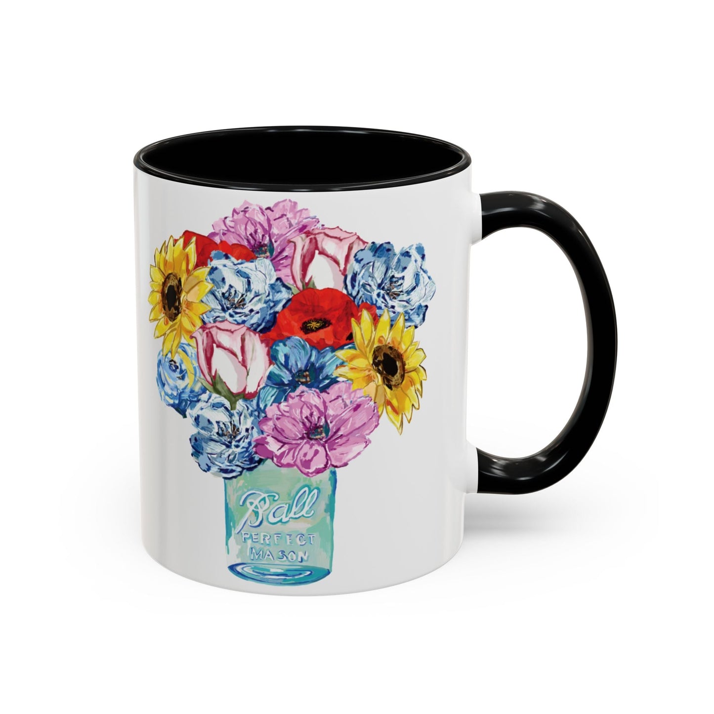 Spring Floral Mason Jar Two Tone Ceramic Mug - 11 oz & 15 oz - Blue Cava