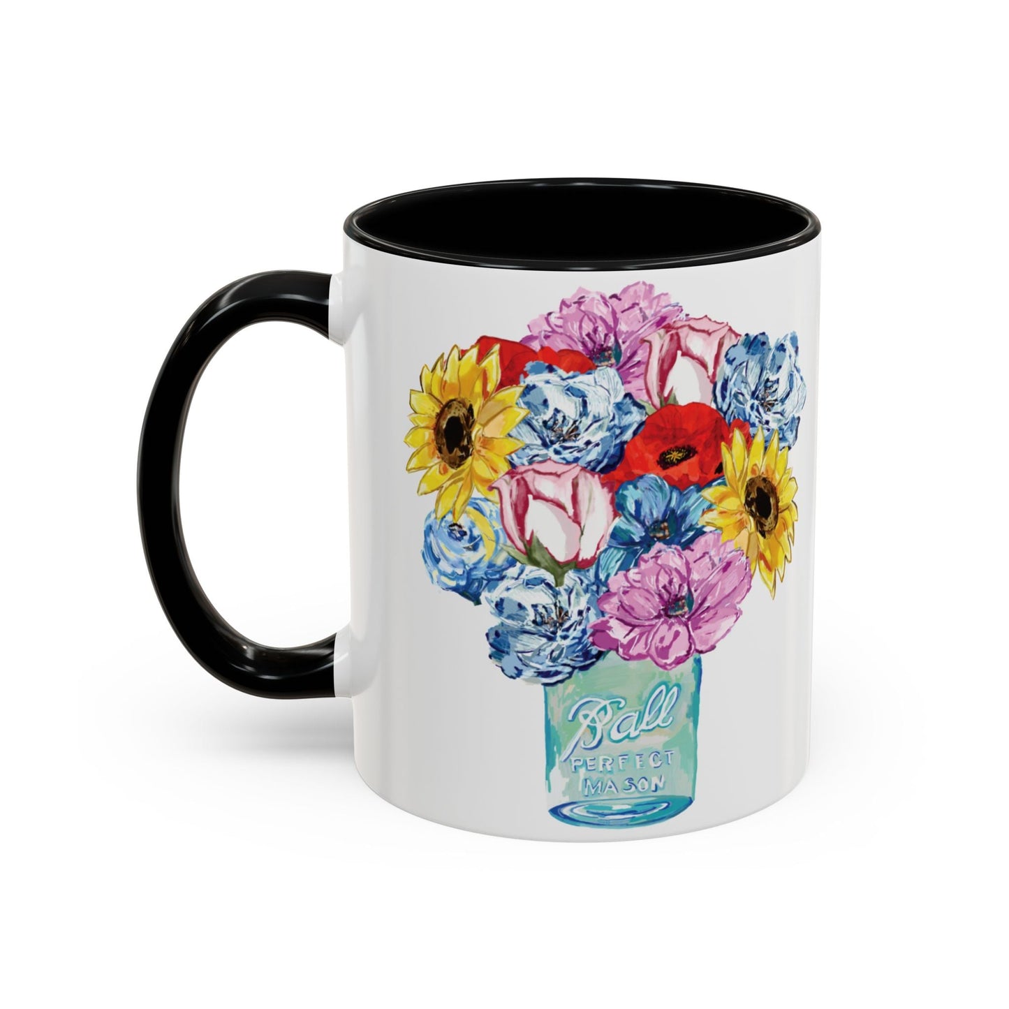 Spring Floral Mason Jar Two Tone Ceramic Mug - 11 oz & 15 oz - Blue Cava
