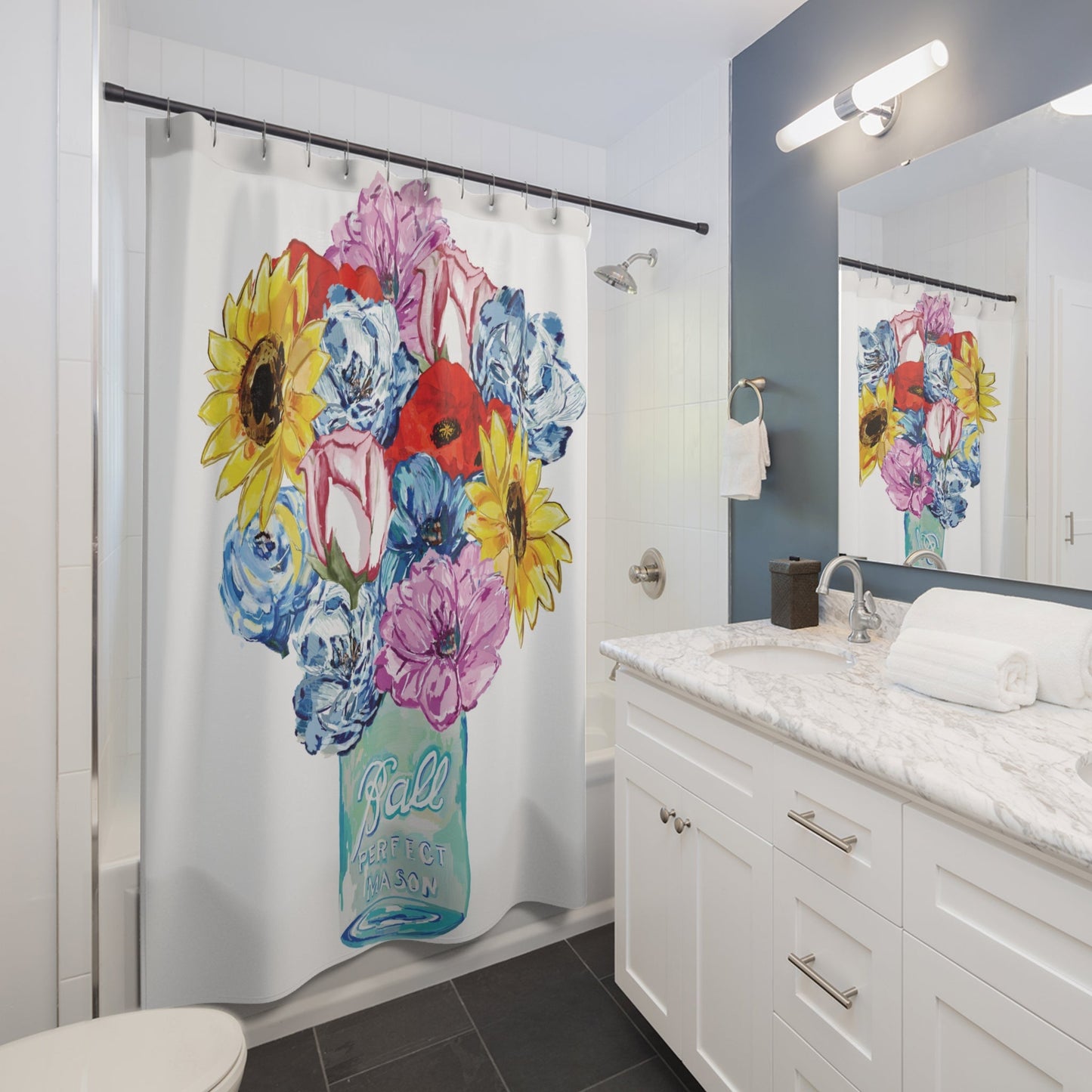 Spring Floral Shower Curtain - Perfect for Brightening Bathrooms and Special Occasions - Blue Cava