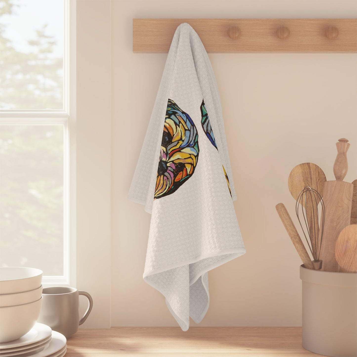 Stained Glass Colorful Dog - Themed Microfiber Waffle Towel, Kitchen Decor, Pet Lover Gift - Blue Cava
