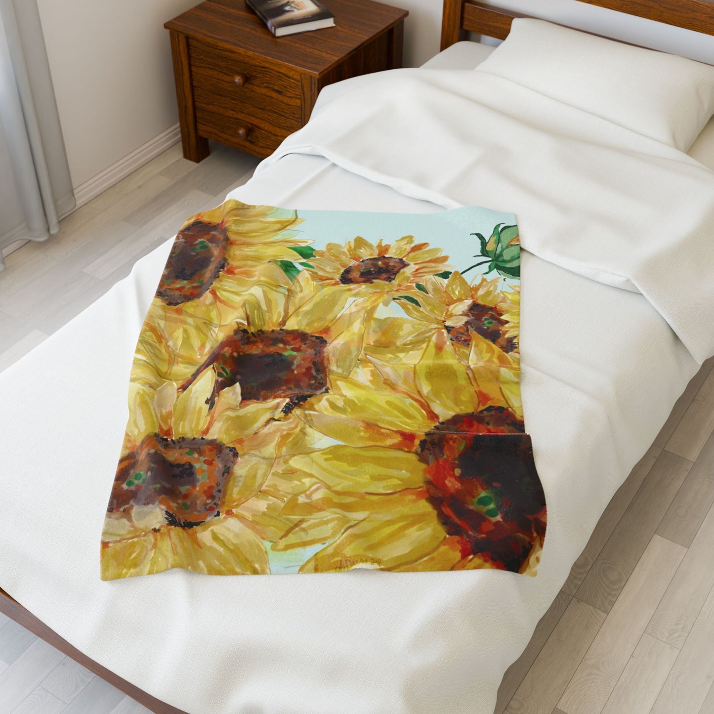 Sunflower Floral Velveteen Plush Blankets - Blue Cava