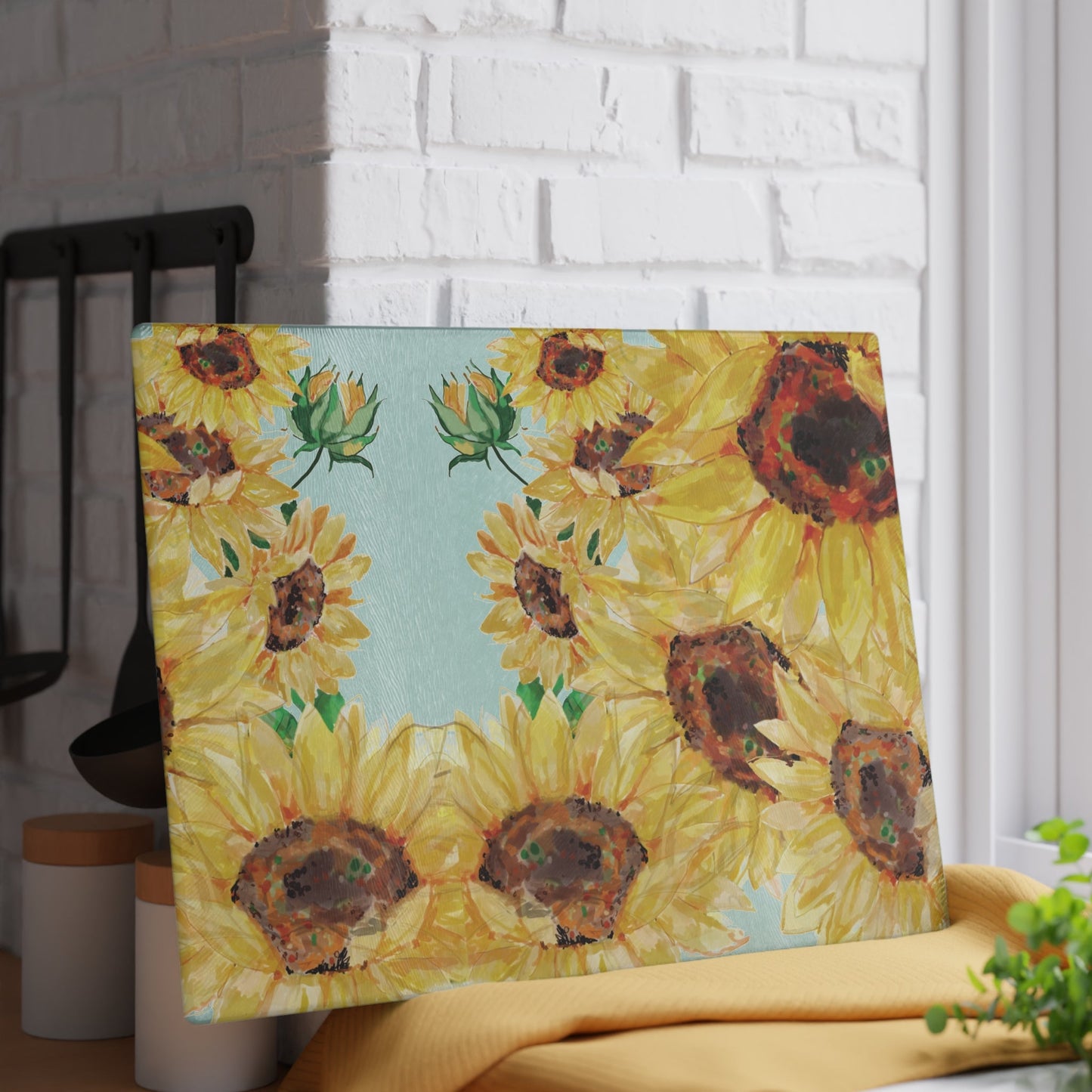Sunflower Glass Cutting Board | Floral Kitchen Decor - Blue Cava