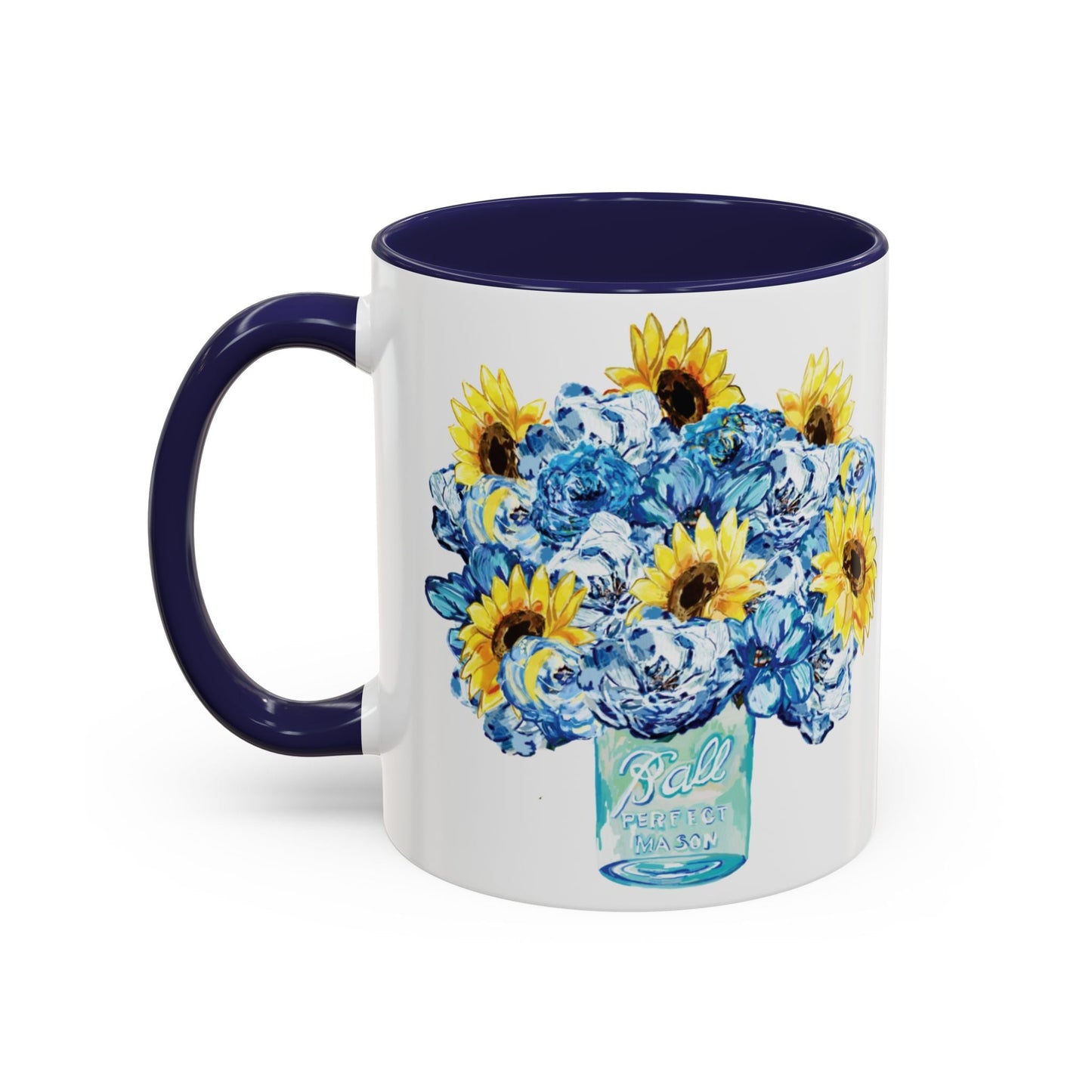 Sunflower Mason Jar Bouquet Two Tone Ceramic Coffee Mug - 11 oz & 15 oz - Blue Cava