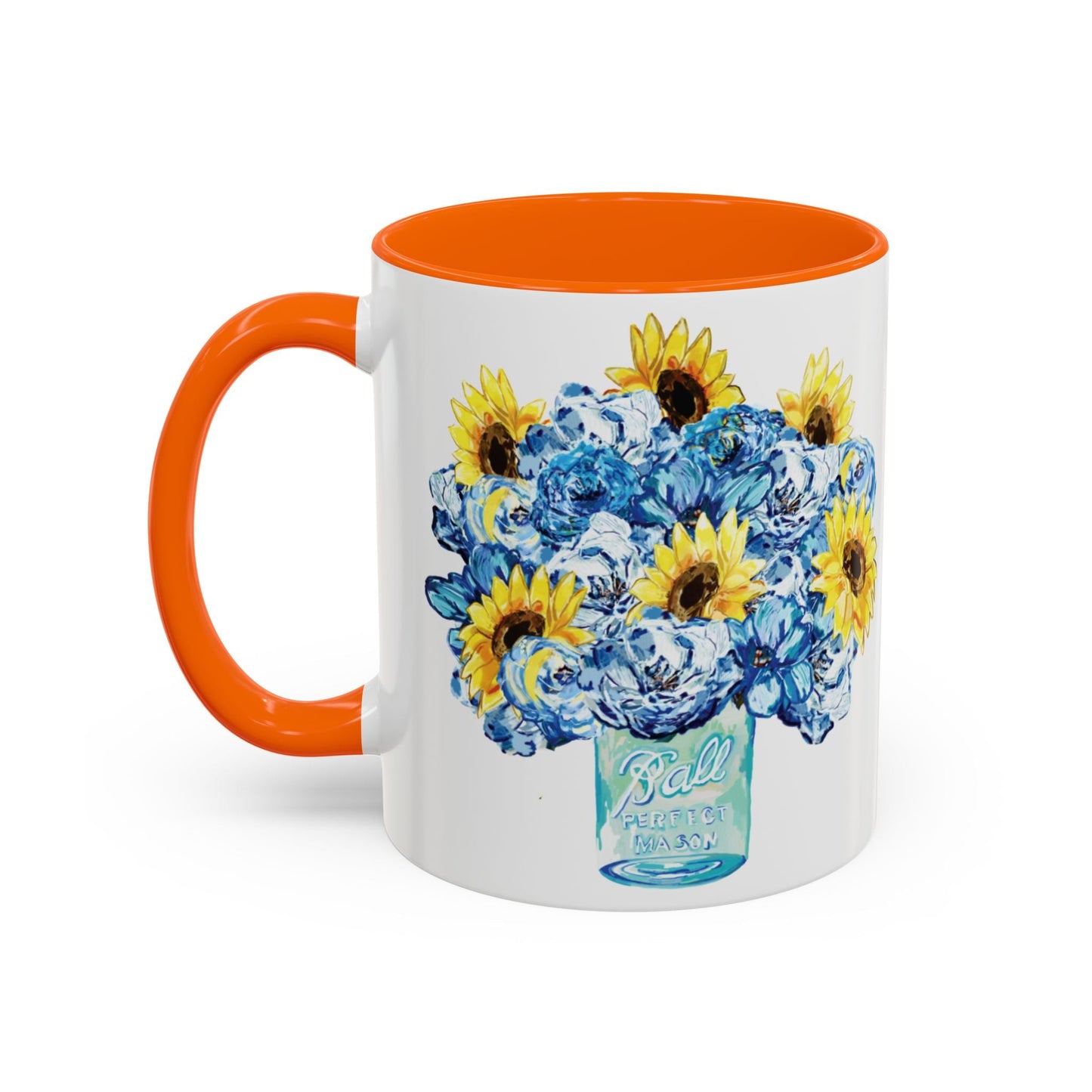 Sunflower Mason Jar Bouquet Two Tone Ceramic Coffee Mug - 11 oz & 15 oz - Blue Cava