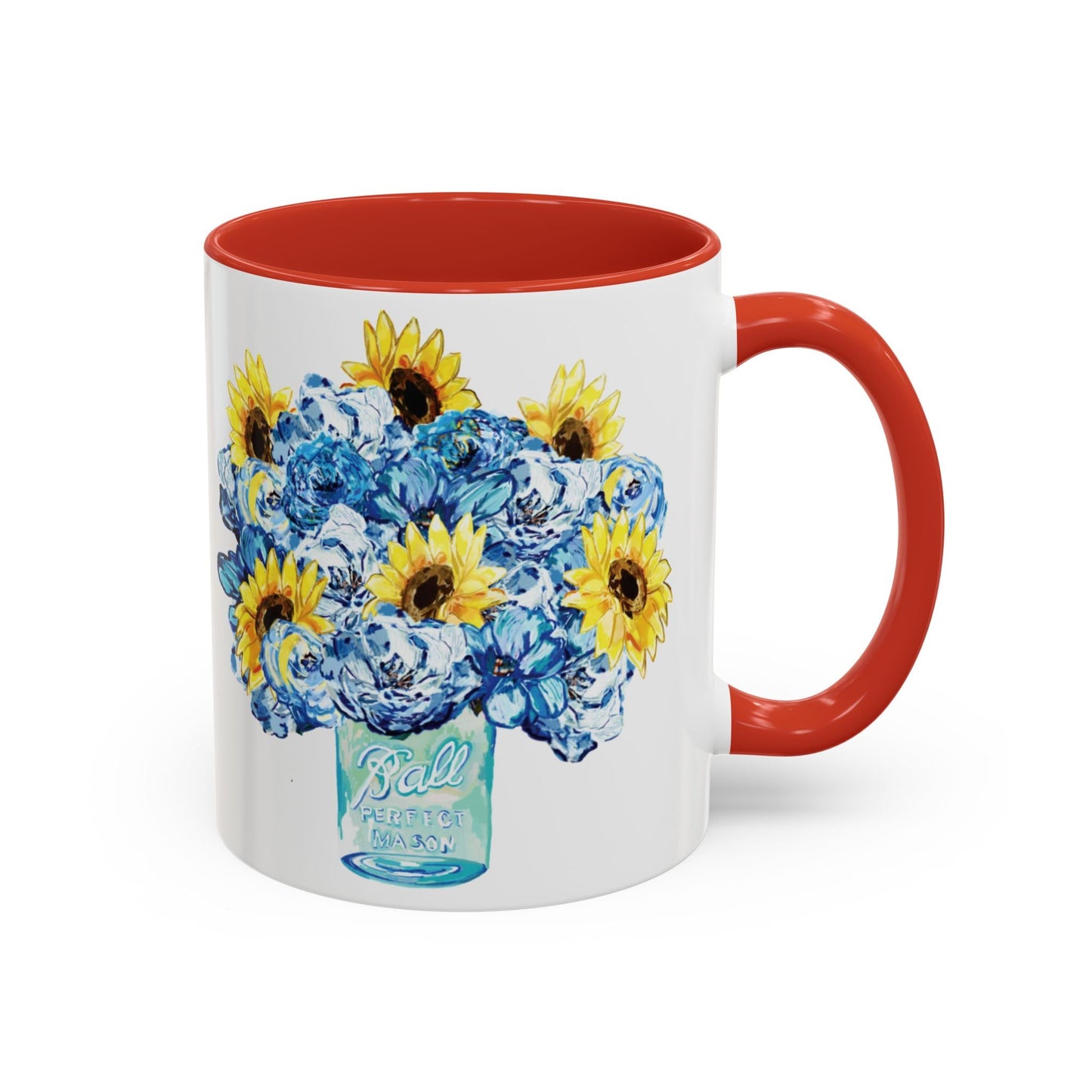 Sunflower Mason Jar Bouquet Two Tone Ceramic Coffee Mug - 11 oz & 15 oz - Blue Cava