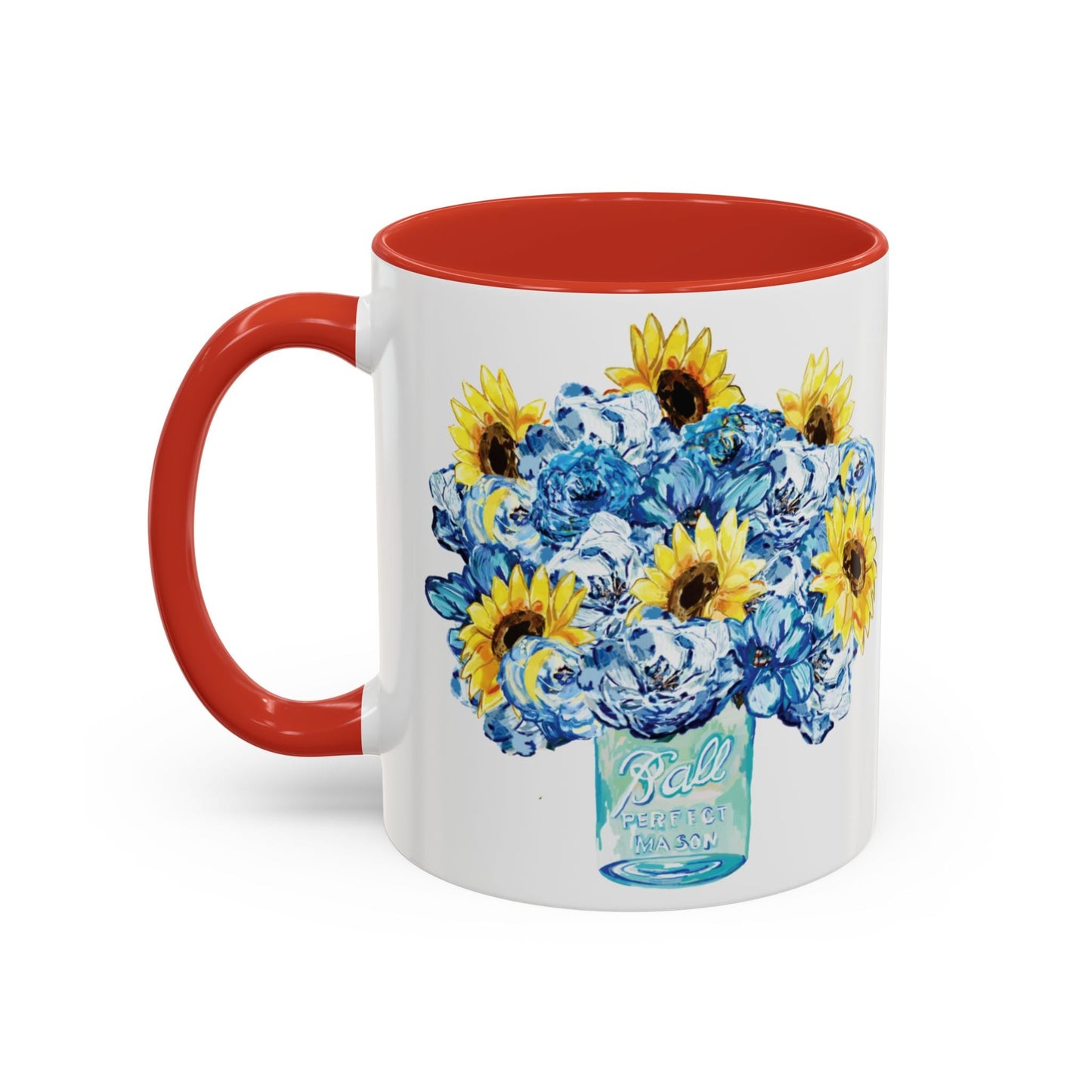 Sunflower Mason Jar Bouquet Two Tone Ceramic Coffee Mug - 11 oz & 15 oz - Blue Cava