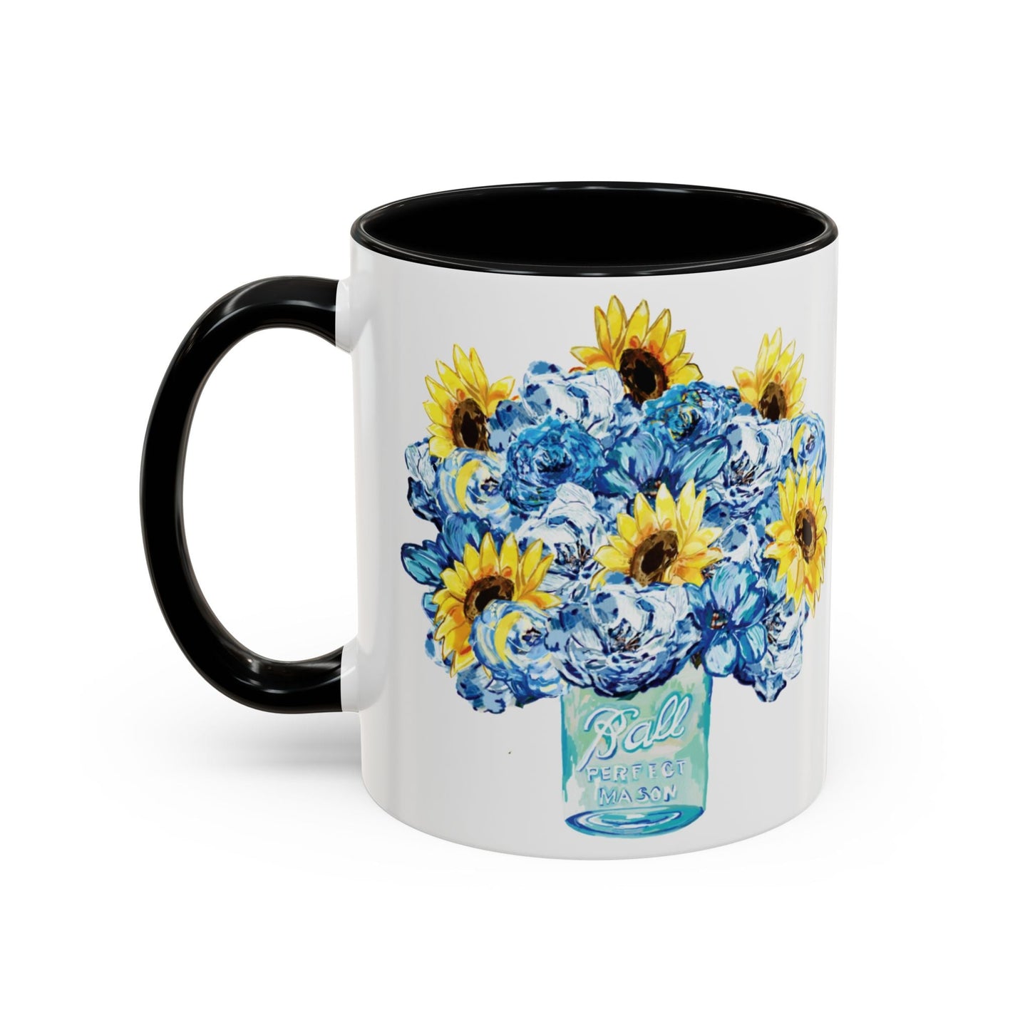 Sunflower Mason Jar Bouquet Two Tone Ceramic Coffee Mug - 11 oz & 15 oz - Blue Cava