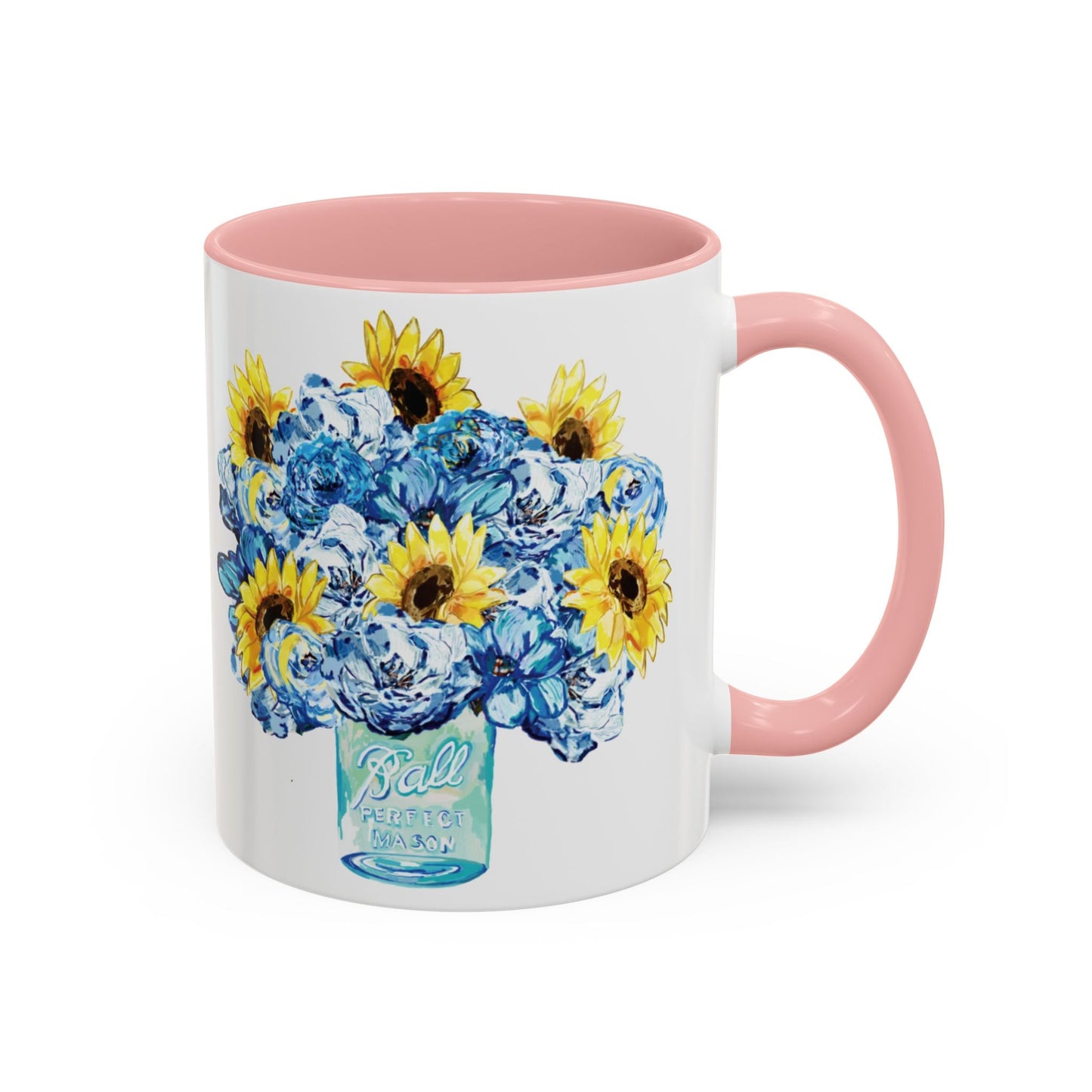 Sunflower Mason Jar Bouquet Two Tone Ceramic Coffee Mug - 11 oz & 15 oz - Blue Cava