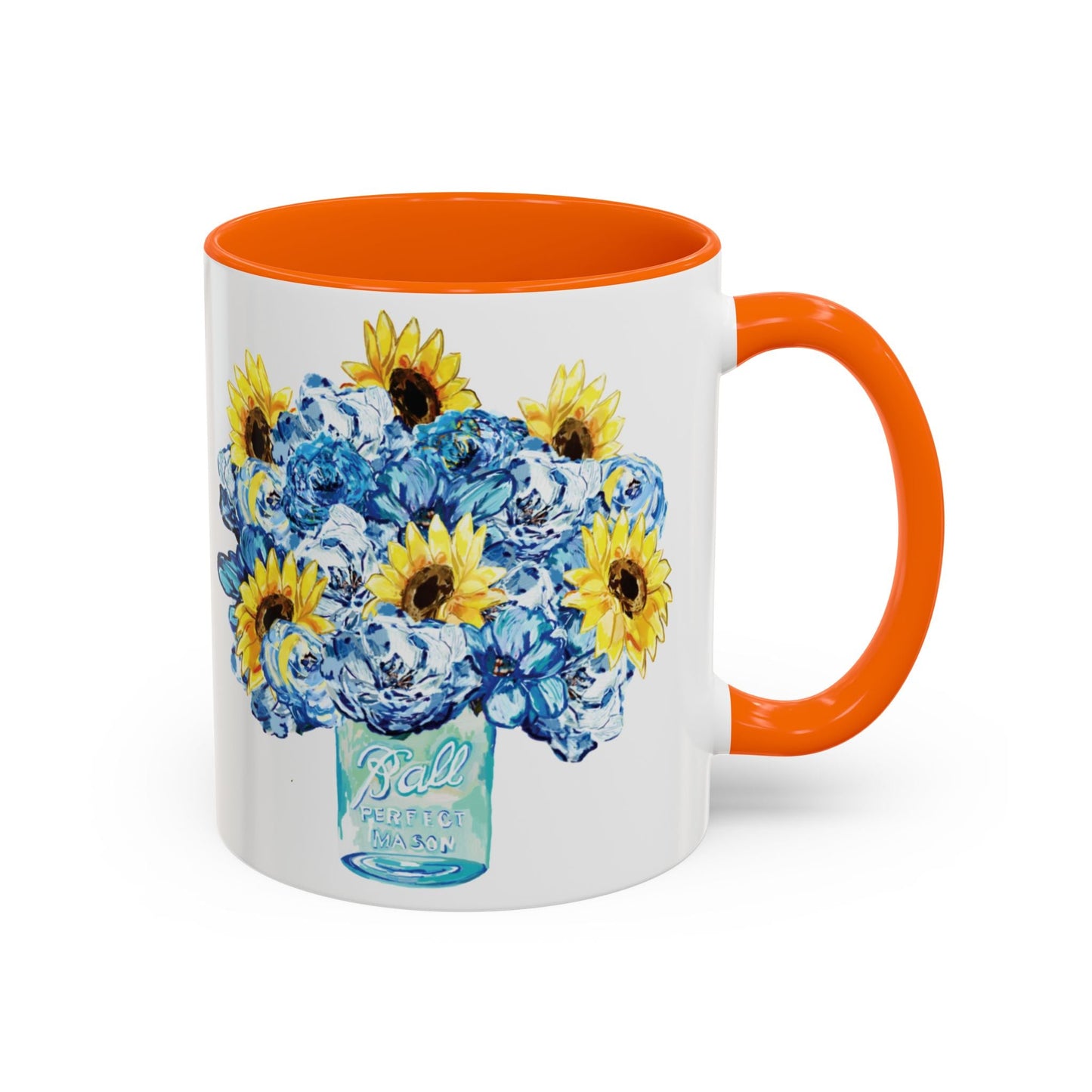 Sunflower Mason Jar Bouquet Two Tone Ceramic Coffee Mug - 11 oz & 15 oz - Blue Cava