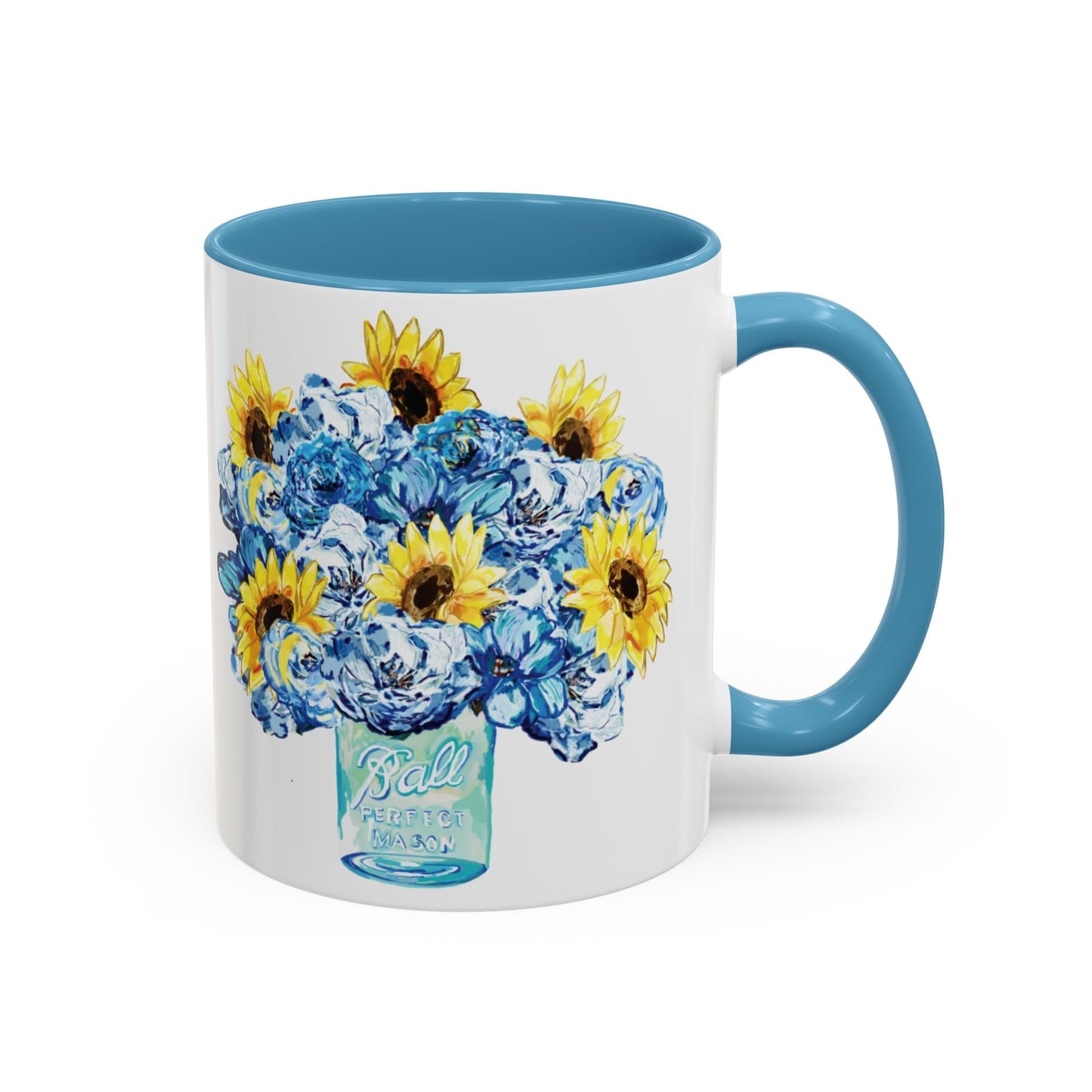 Sunflower Mason Jar Bouquet Two Tone Ceramic Coffee Mug - 11 oz & 15 oz - Blue Cava
