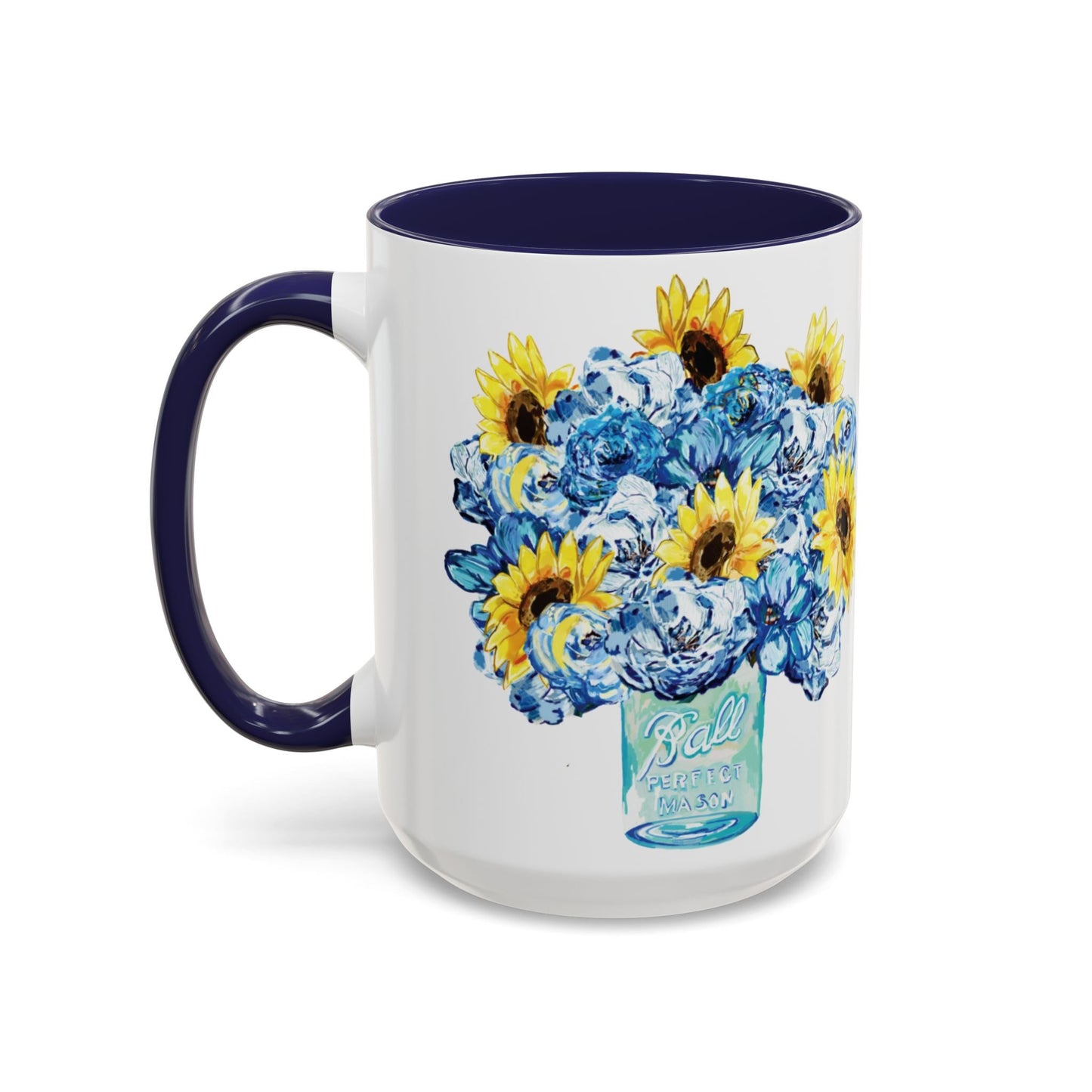 Sunflower Mason Jar Bouquet Two Tone Ceramic Coffee Mug - 11 oz & 15 oz - Blue Cava
