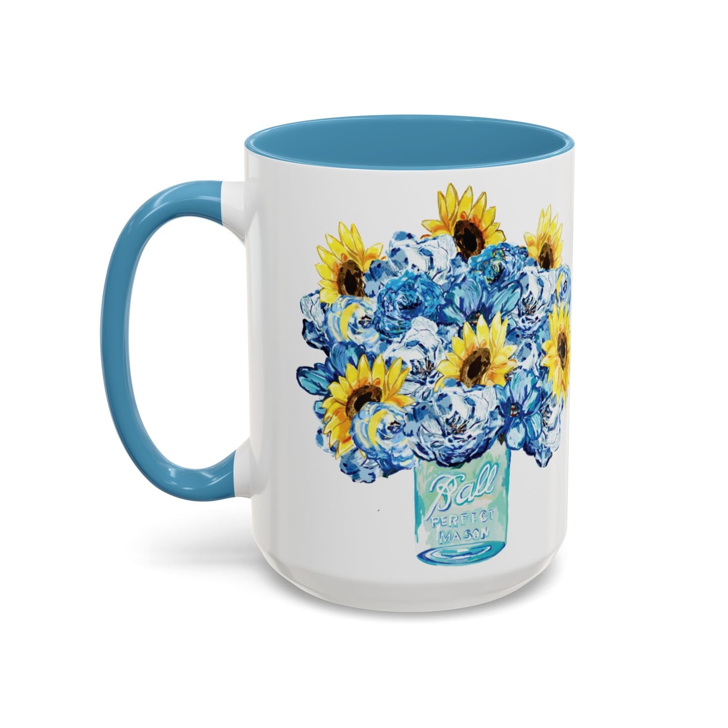 Sunflower Mason Jar Bouquet Two Tone Ceramic Coffee Mug - 11 oz & 15 oz - Blue Cava