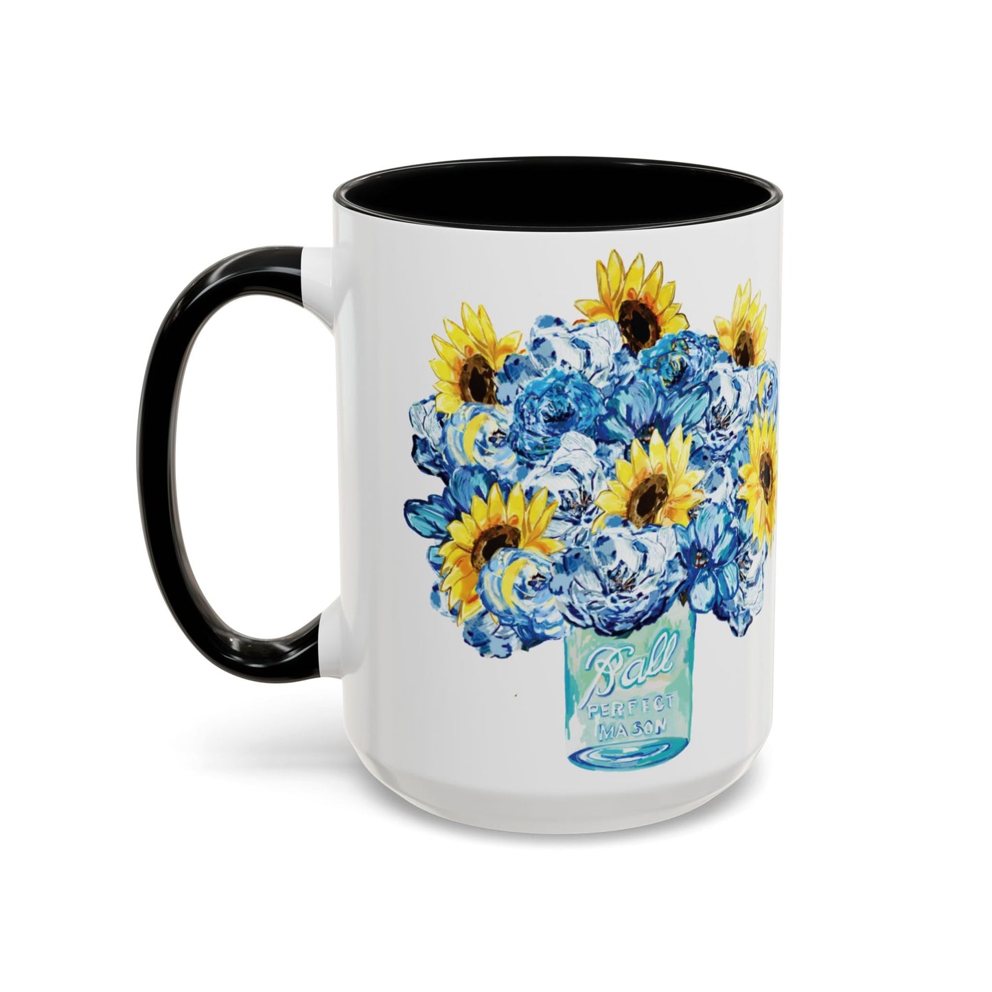 Sunflower Mason Jar Bouquet Two Tone Ceramic Coffee Mug - 11 oz & 15 oz - Blue Cava