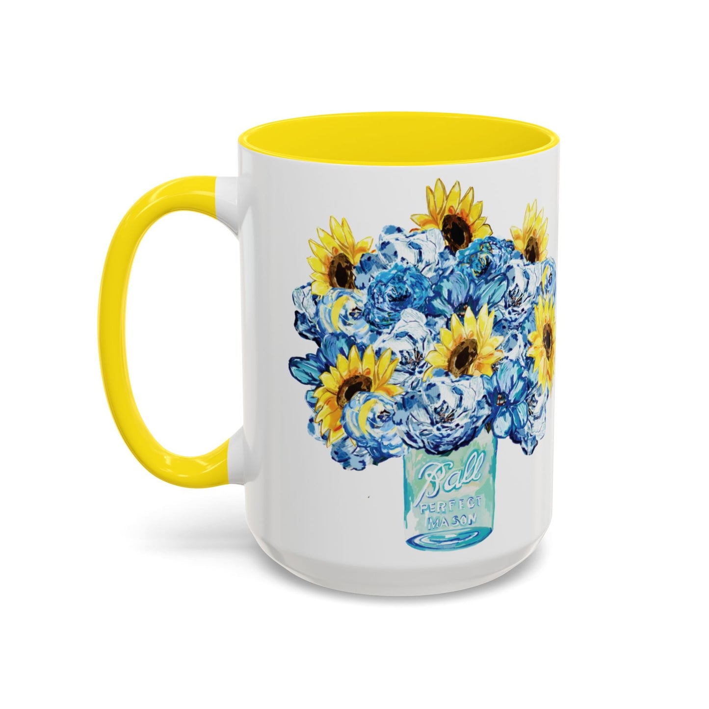 Sunflower Mason Jar Bouquet Two Tone Ceramic Coffee Mug - 11 oz & 15 oz - Blue Cava