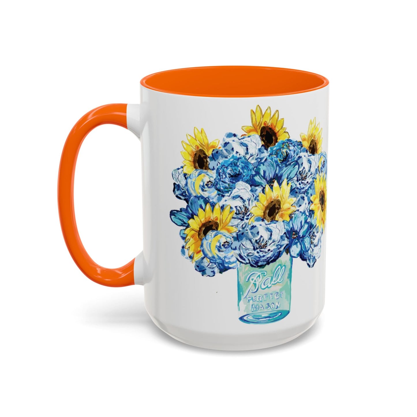 Sunflower Mason Jar Bouquet Two Tone Ceramic Coffee Mug - 11 oz & 15 oz - Blue Cava
