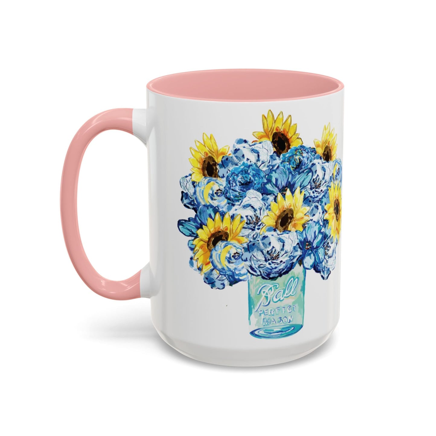 Sunflower Mason Jar Bouquet Two Tone Ceramic Coffee Mug - 11 oz & 15 oz - Blue Cava