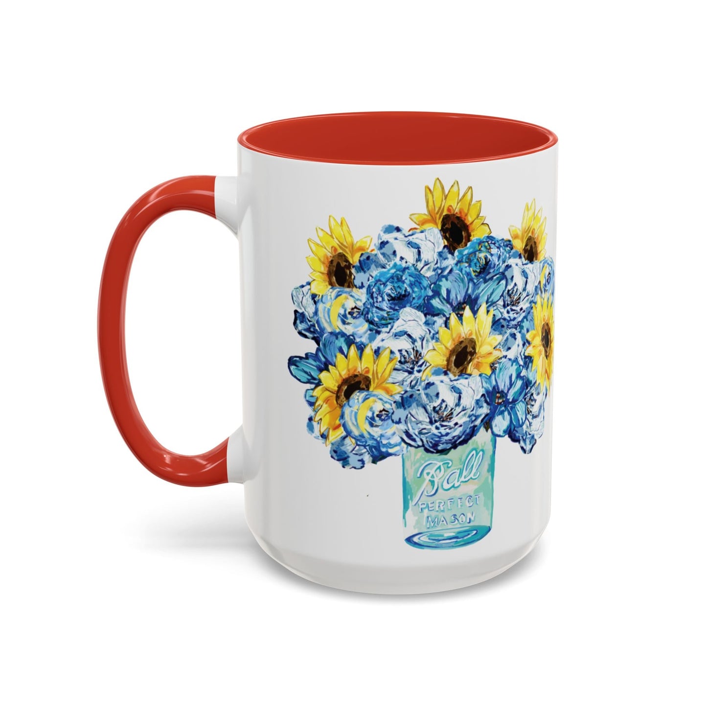 Sunflower Mason Jar Bouquet Two Tone Ceramic Coffee Mug - 11 oz & 15 oz - Blue Cava