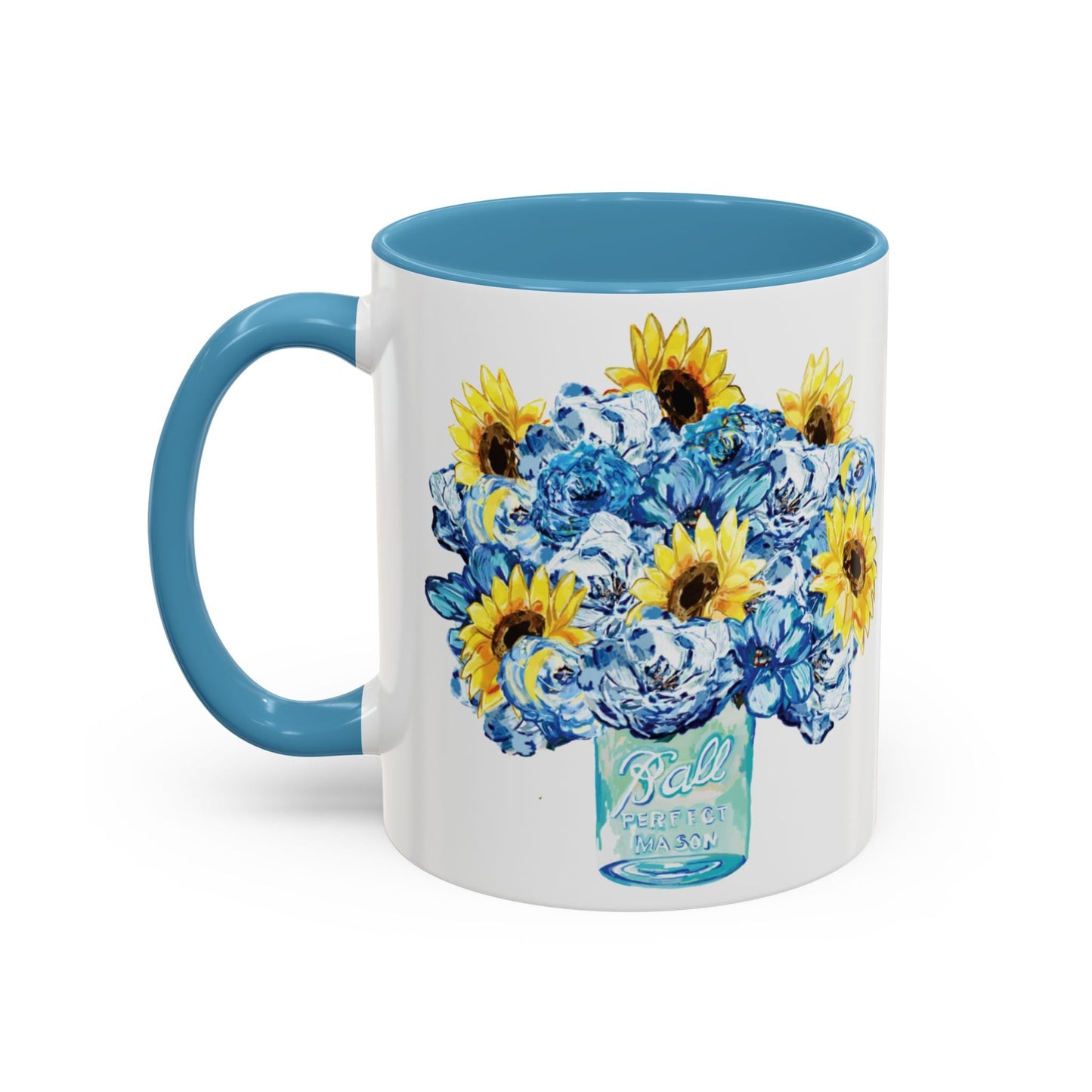 Sunflower Mason Jar Bouquet Two Tone Ceramic Coffee Mug - 11 oz & 15 oz - Blue Cava