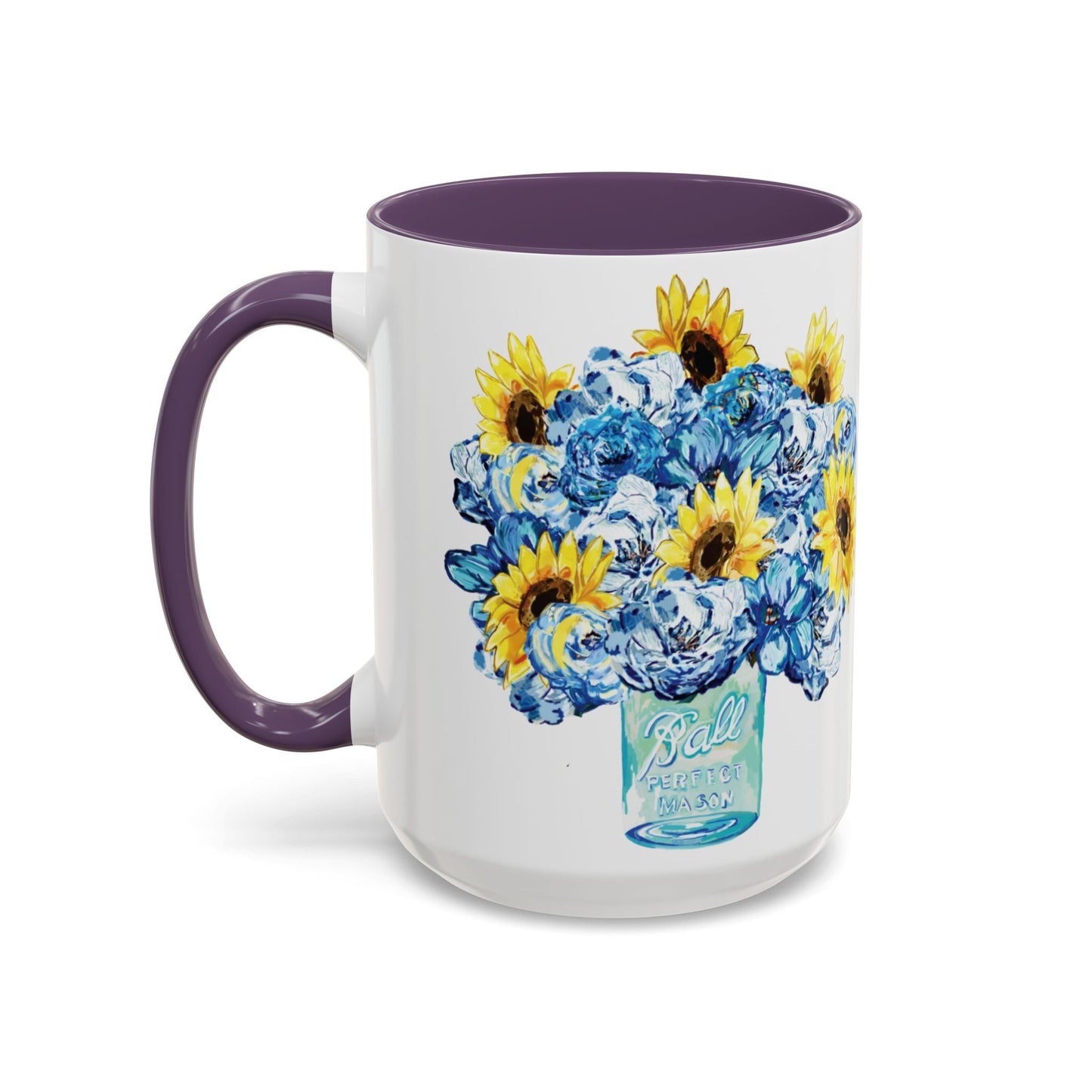 Sunflower Mason Jar Bouquet Two Tone Ceramic Coffee Mug - 11 oz & 15 oz - Blue Cava