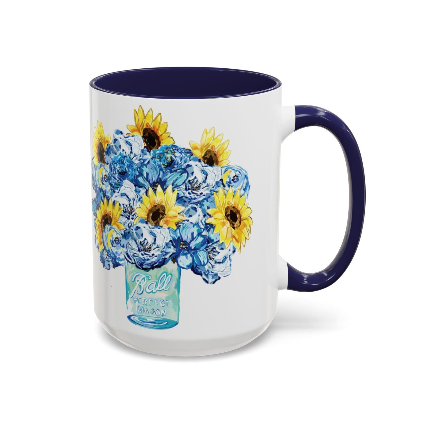 Sunflower Mason Jar Bouquet Two Tone Ceramic Coffee Mug - 11 oz & 15 oz - Blue Cava