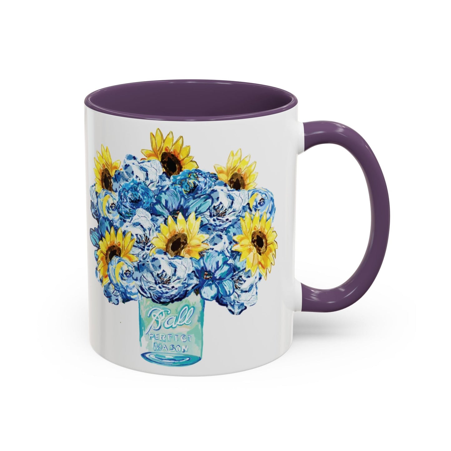 Sunflower Mason Jar Bouquet Two Tone Ceramic Coffee Mug - 11 oz & 15 oz - Blue Cava