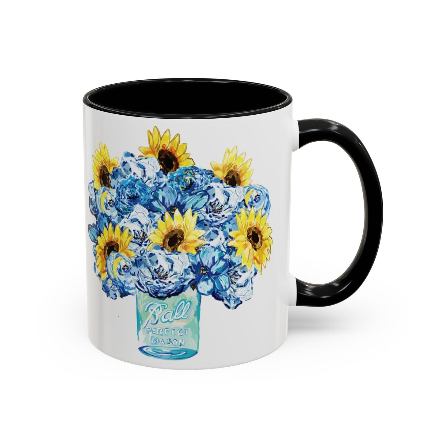 Sunflower Mason Jar Bouquet Two Tone Ceramic Coffee Mug - 11 oz & 15 oz - Blue Cava