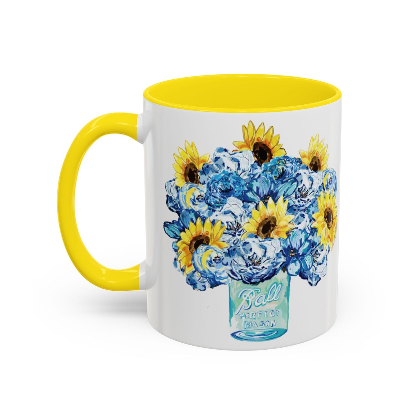 Sunflower Mason Jar Bouquet Two Tone Ceramic Coffee Mug - 11 oz & 15 oz - Blue Cava