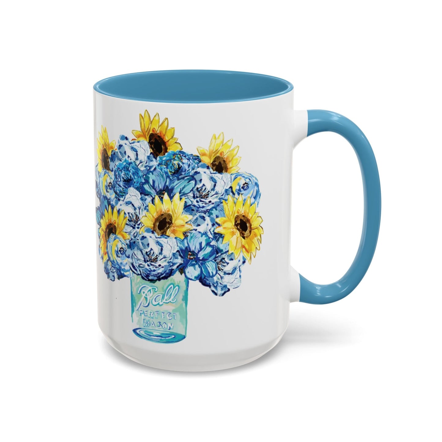 Sunflower Mason Jar Bouquet Two Tone Ceramic Coffee Mug - 11 oz & 15 oz - Blue Cava