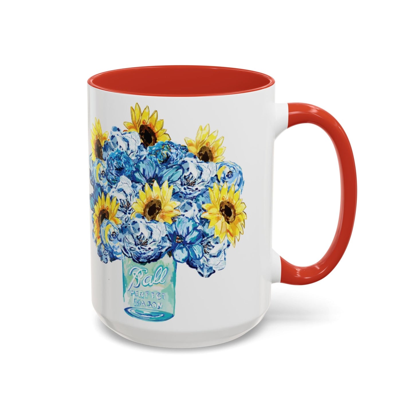 Sunflower Mason Jar Bouquet Two Tone Ceramic Coffee Mug - 11 oz & 15 oz - Blue Cava