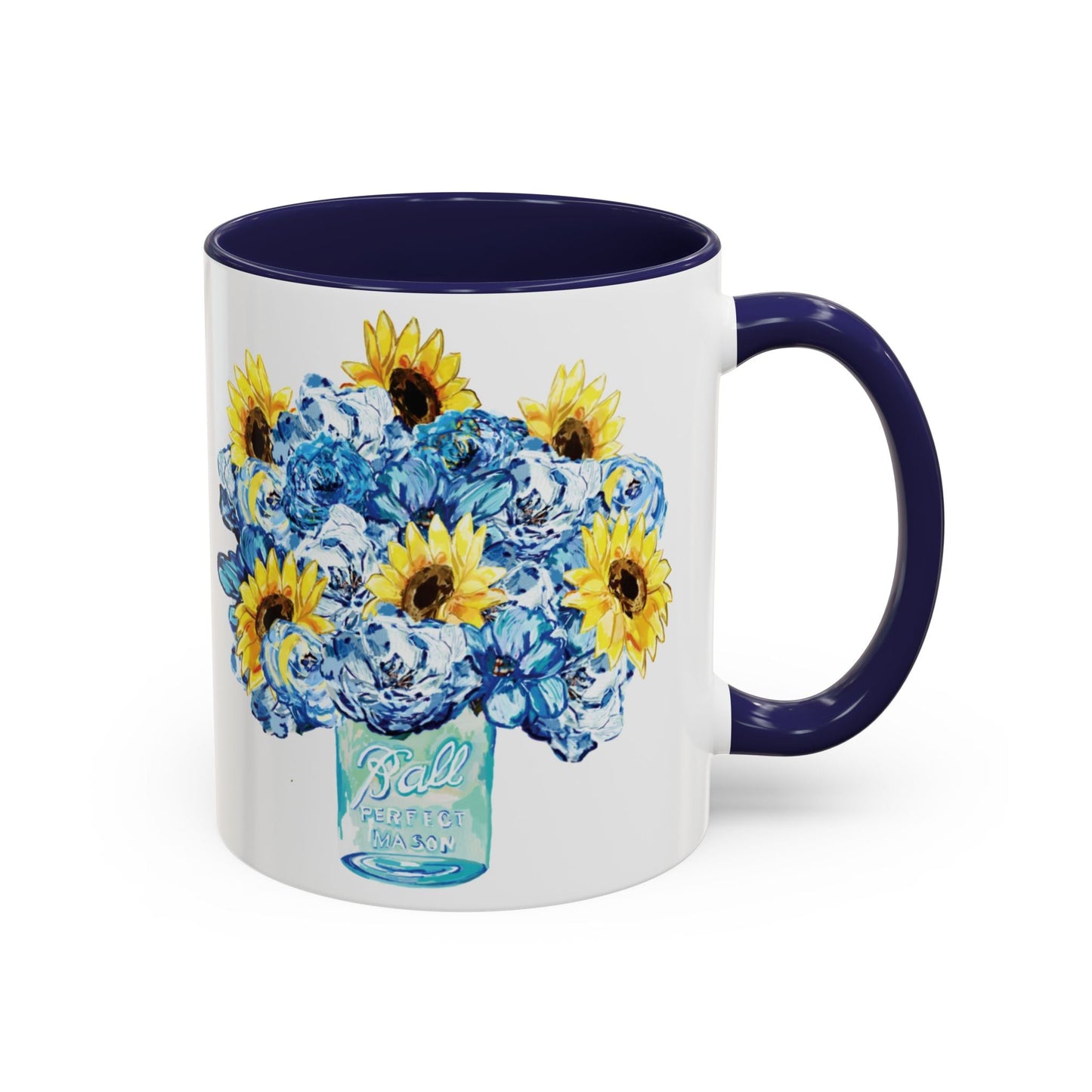 Sunflower Mason Jar Bouquet Two Tone Ceramic Coffee Mug - 11 oz & 15 oz - Blue Cava
